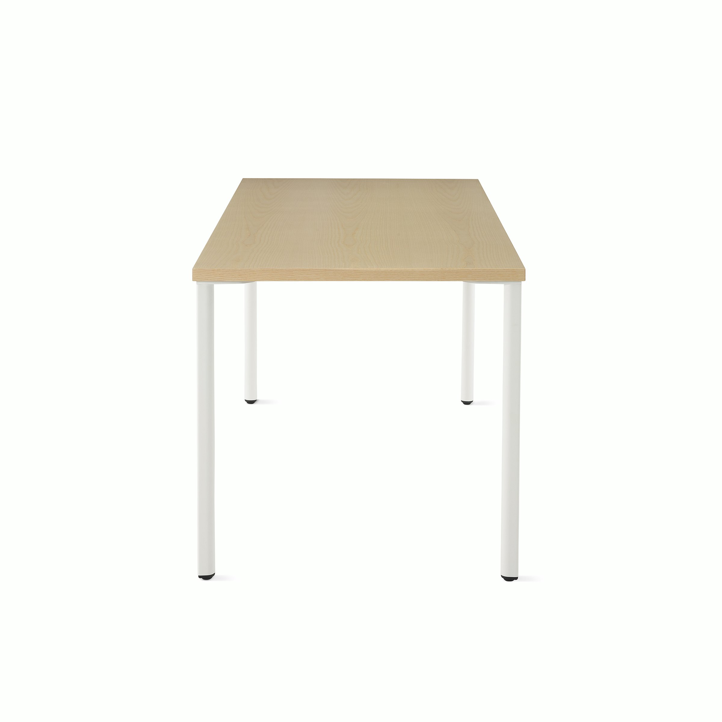OE1 Rectangular Table with light brown surface and white legs viewed from the side. 