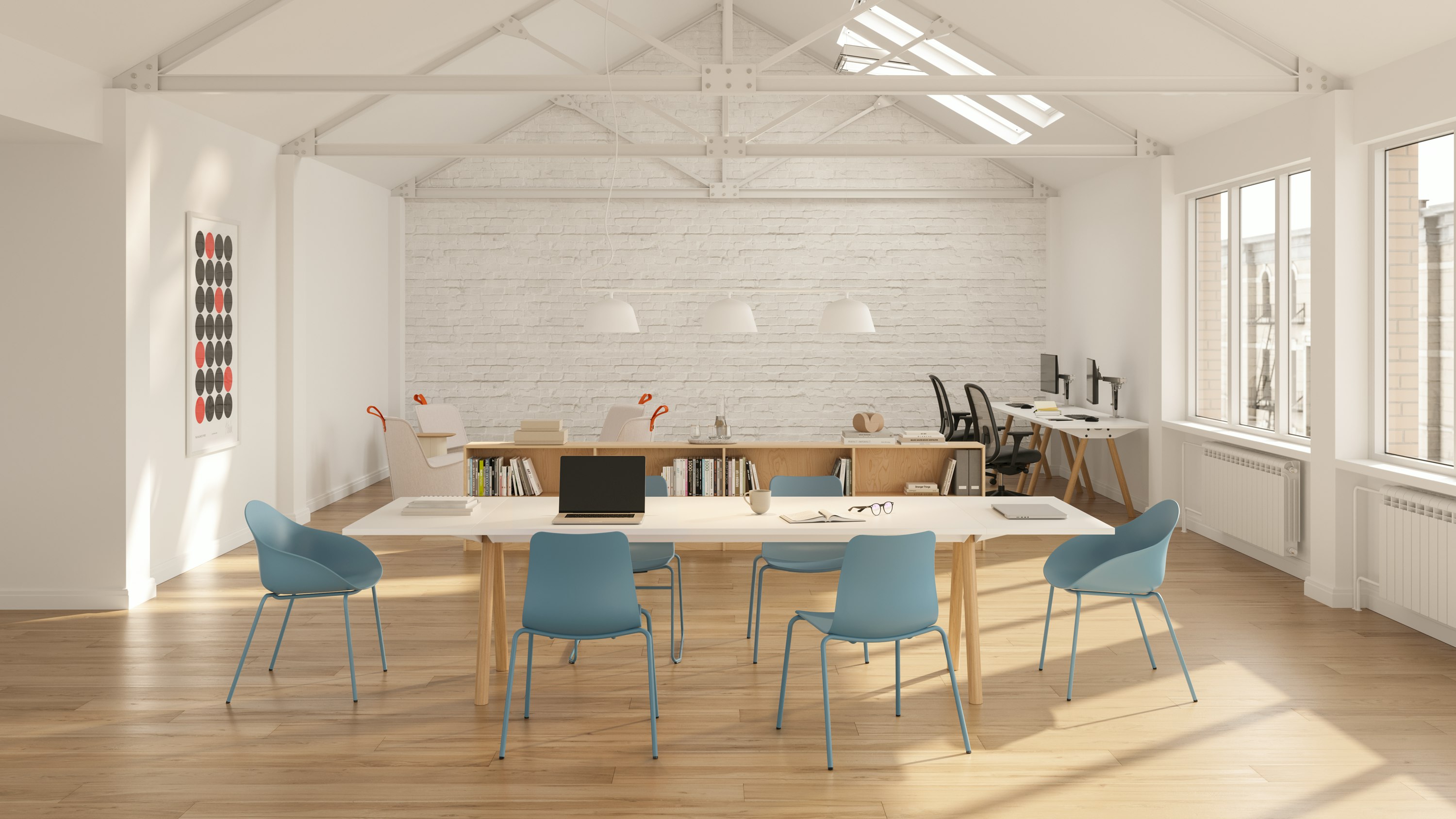 A large Morse table with oak legs and a white MFMDF top, with Ruby and Polly chairs around.