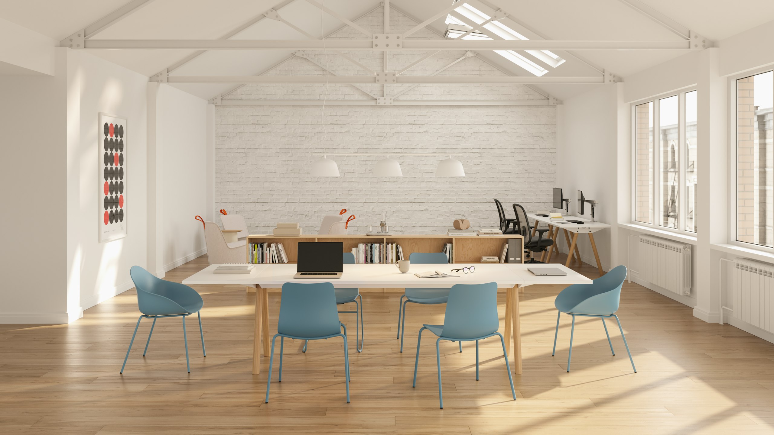 A large Morse table with oak legs and a white MFMDF top, with Ruby and Polly chairs around.