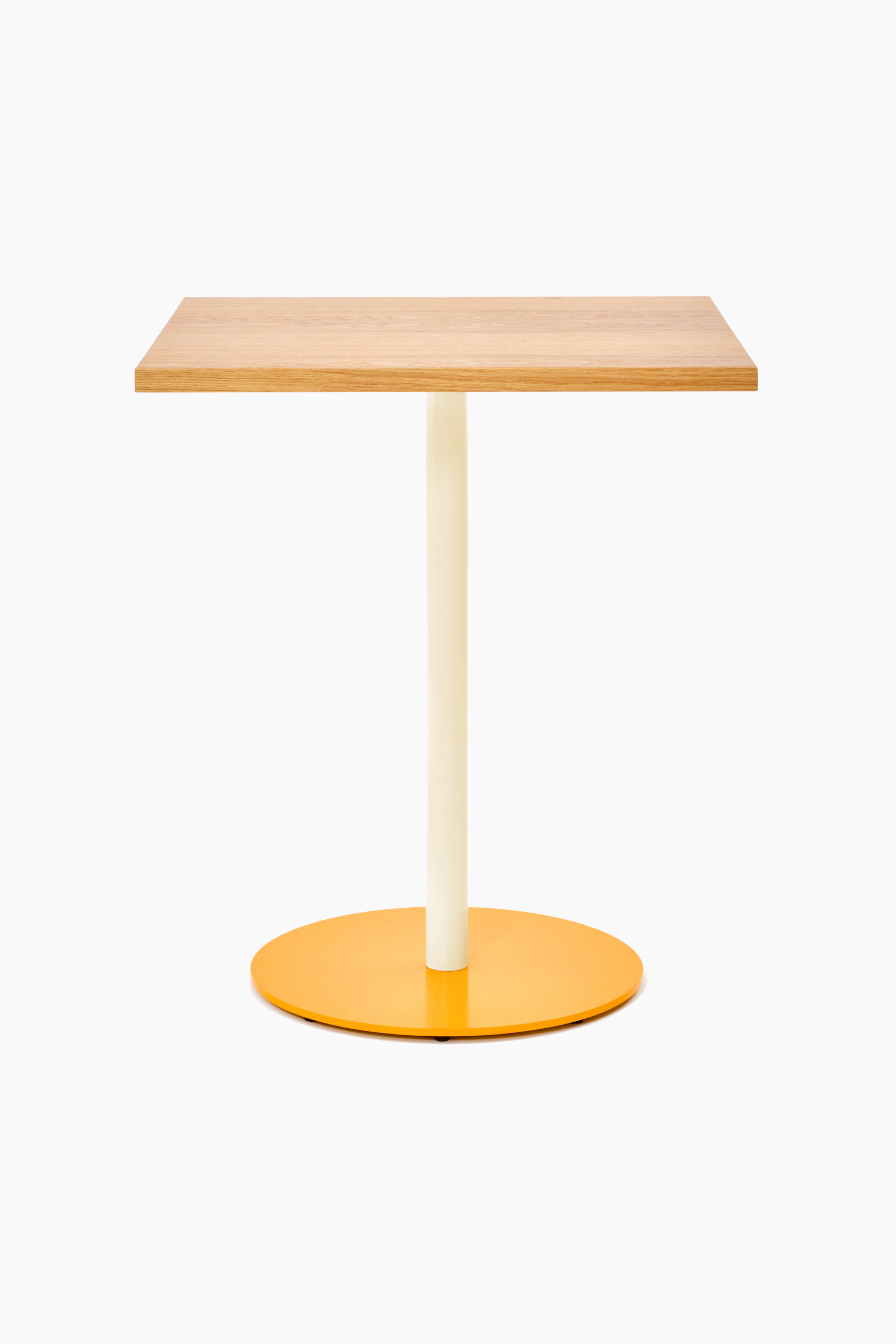 Front view of a square Tier table with Oak veneer top, Oyster stem and Broom Yellow base.