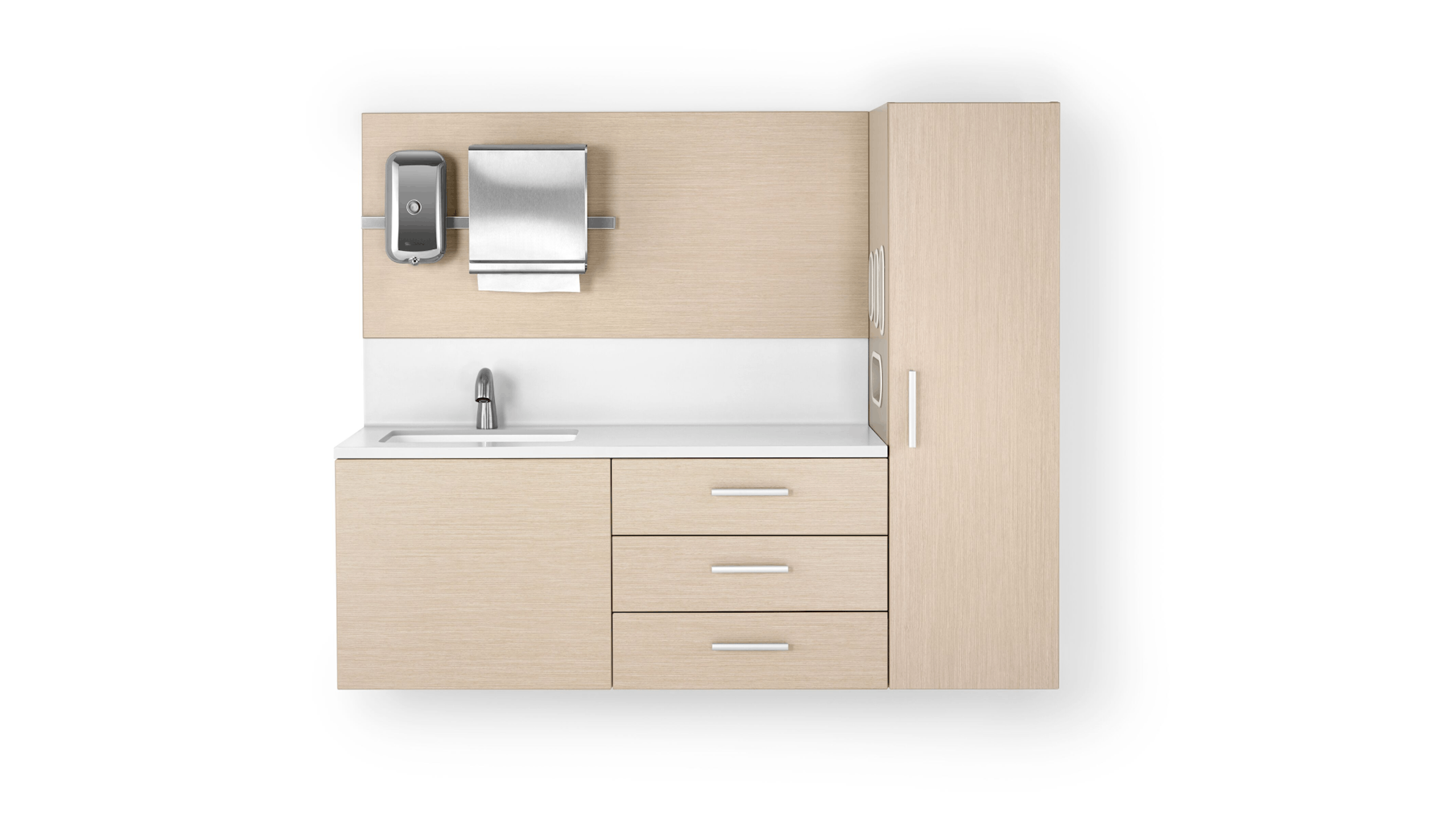 Mora casework in an ash finish and a white solid surface top and sink.