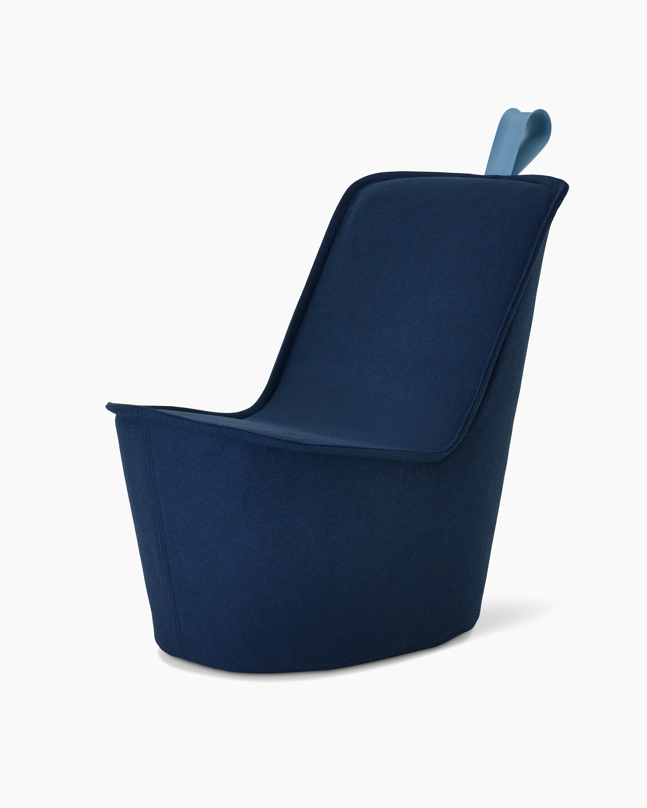 A dark blue lounge chair with pastel blue handle.