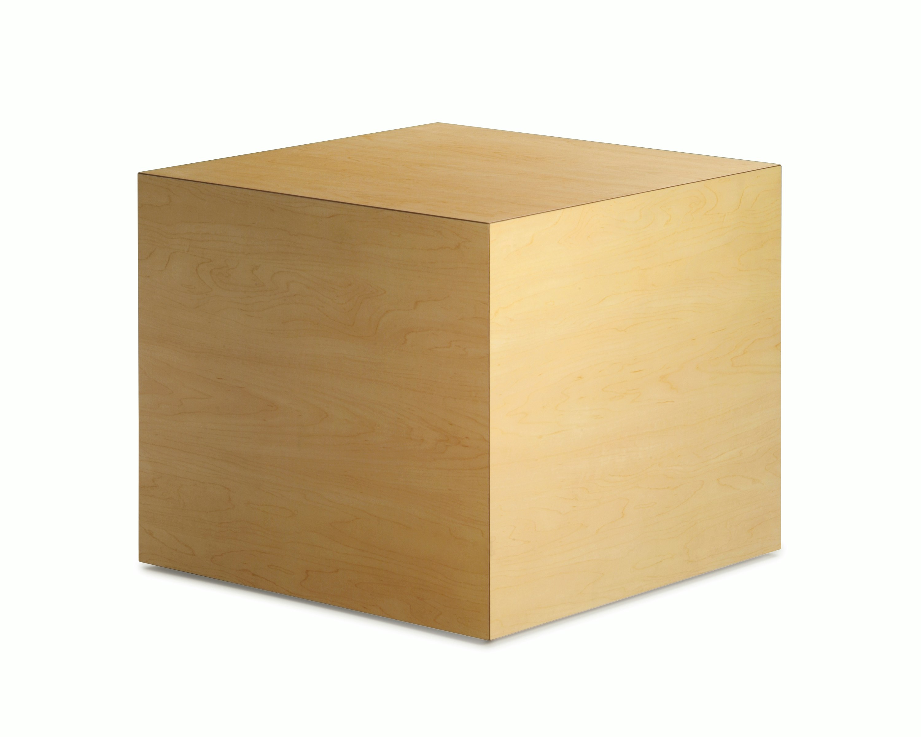 Cube Table in a honey maple finish viewed at an angle.