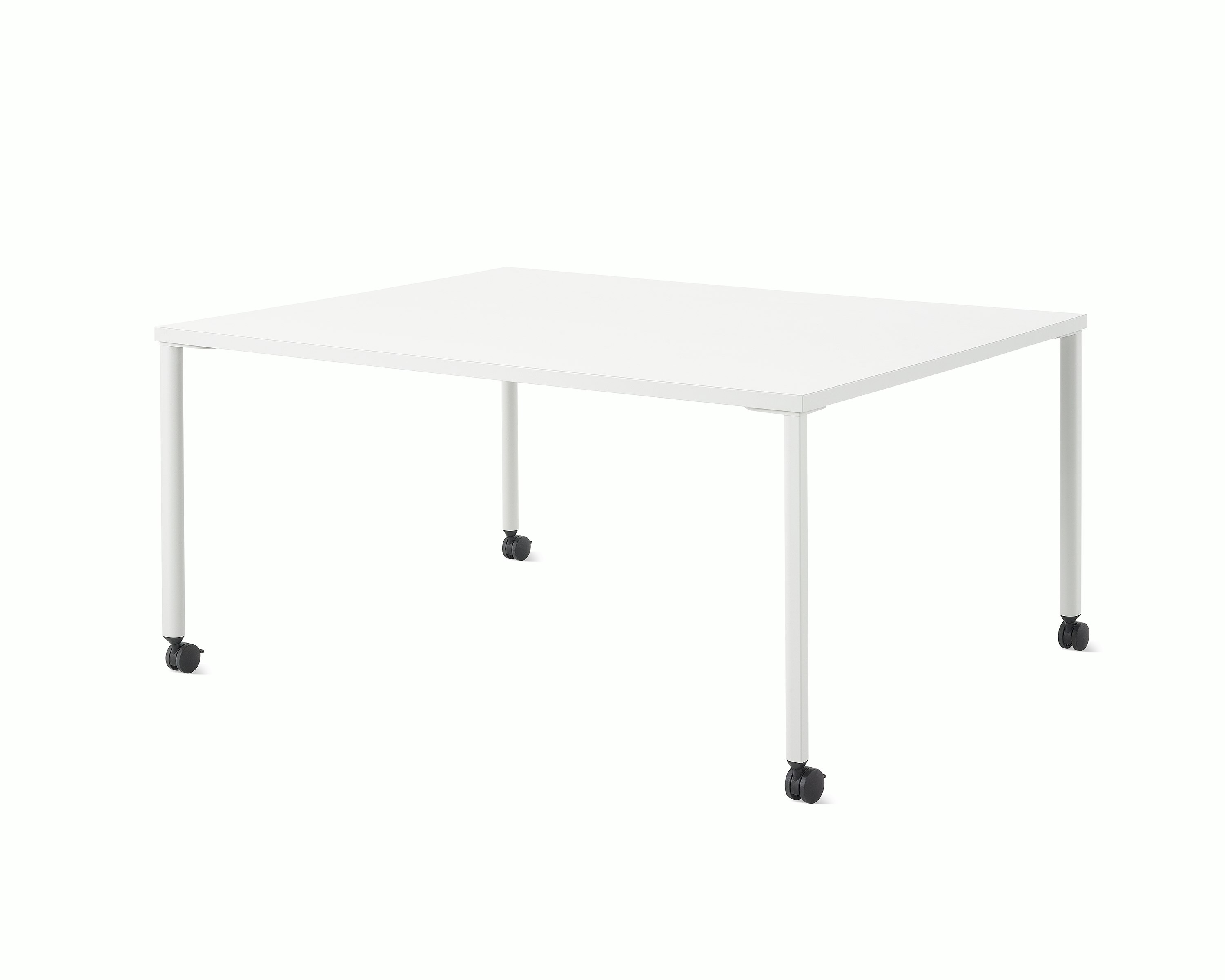 White and grey OE1 Project Table with casters, viewed from an angle.