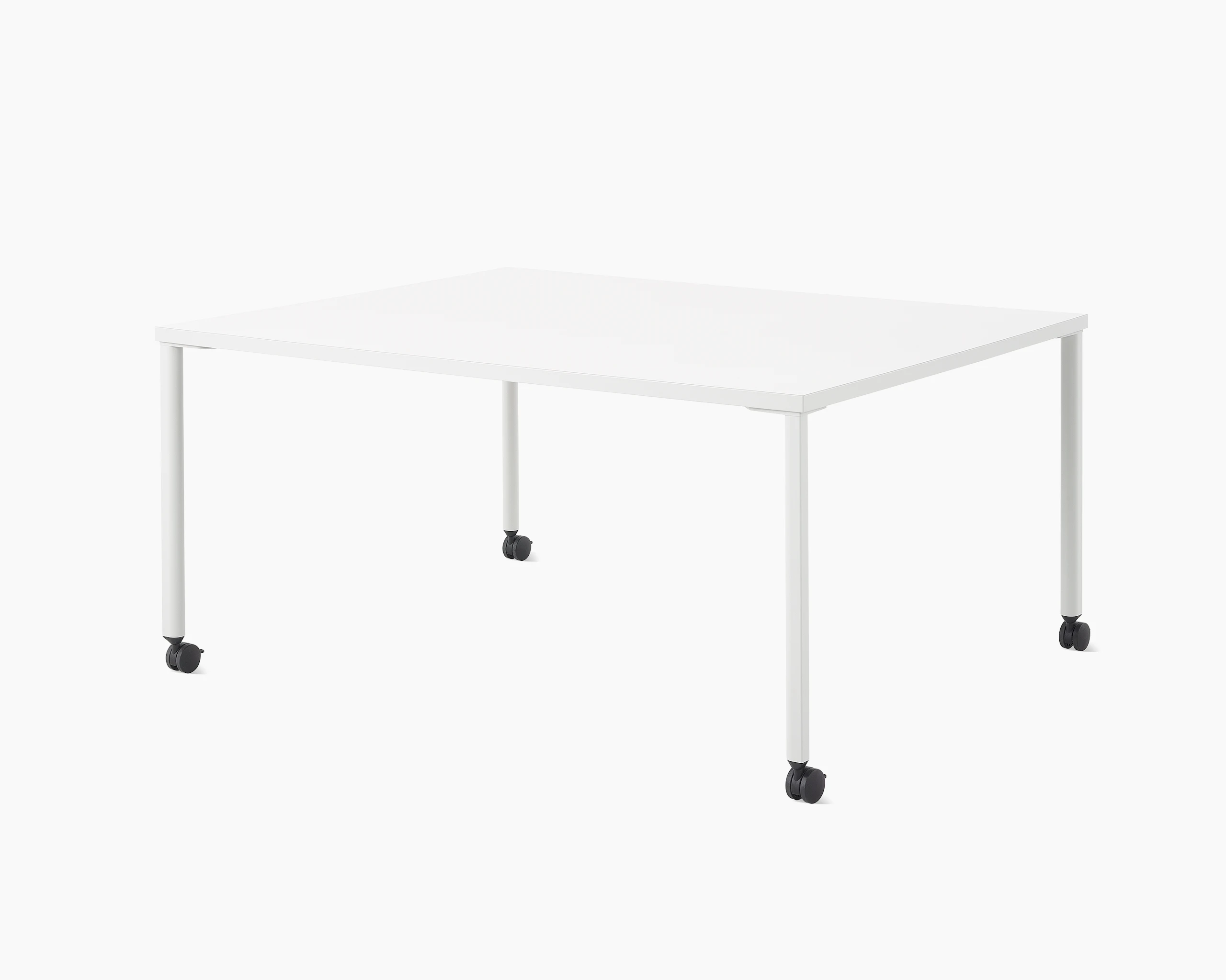 White and grey OE1 Project Table with casters, viewed from an angle.
