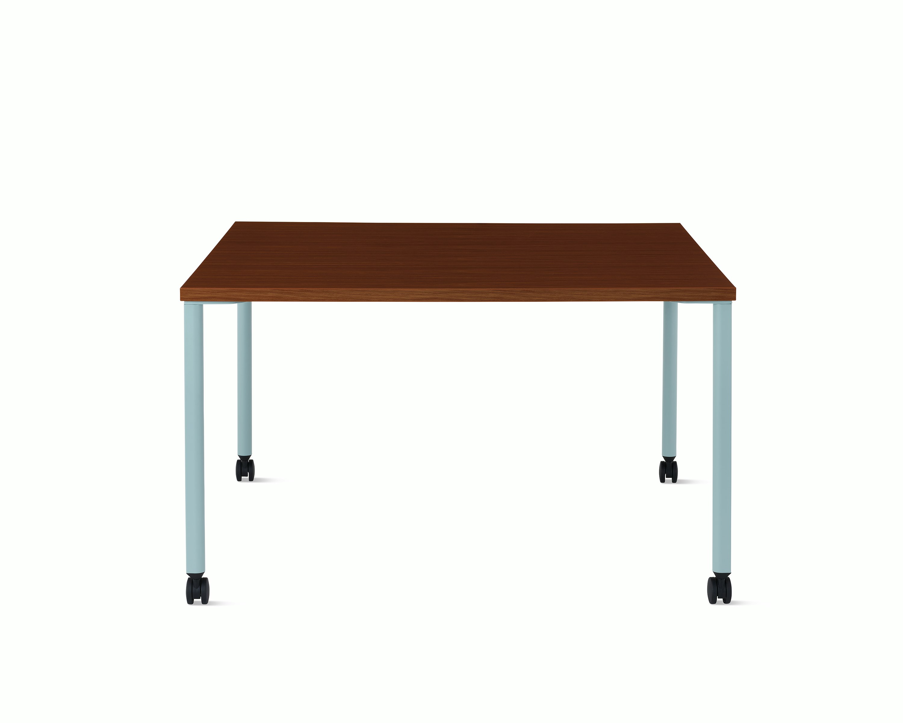 OE1 Project Table with light blue legs and dark brown surface, viewed from the front.