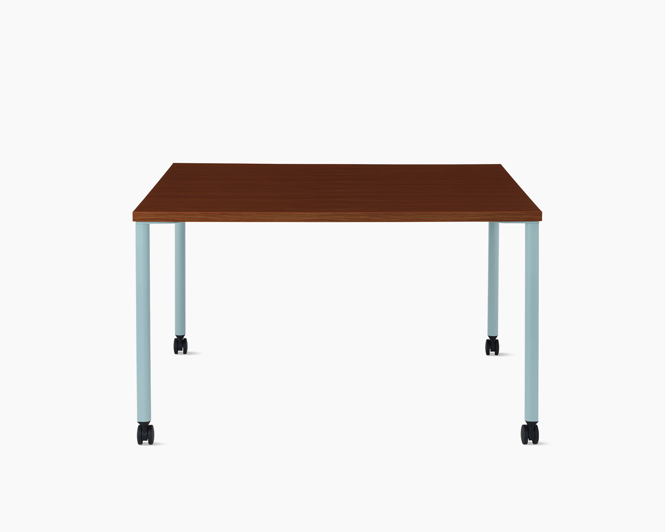 OE1 Project Table with light blue legs and dark brown surface, viewed from the front.