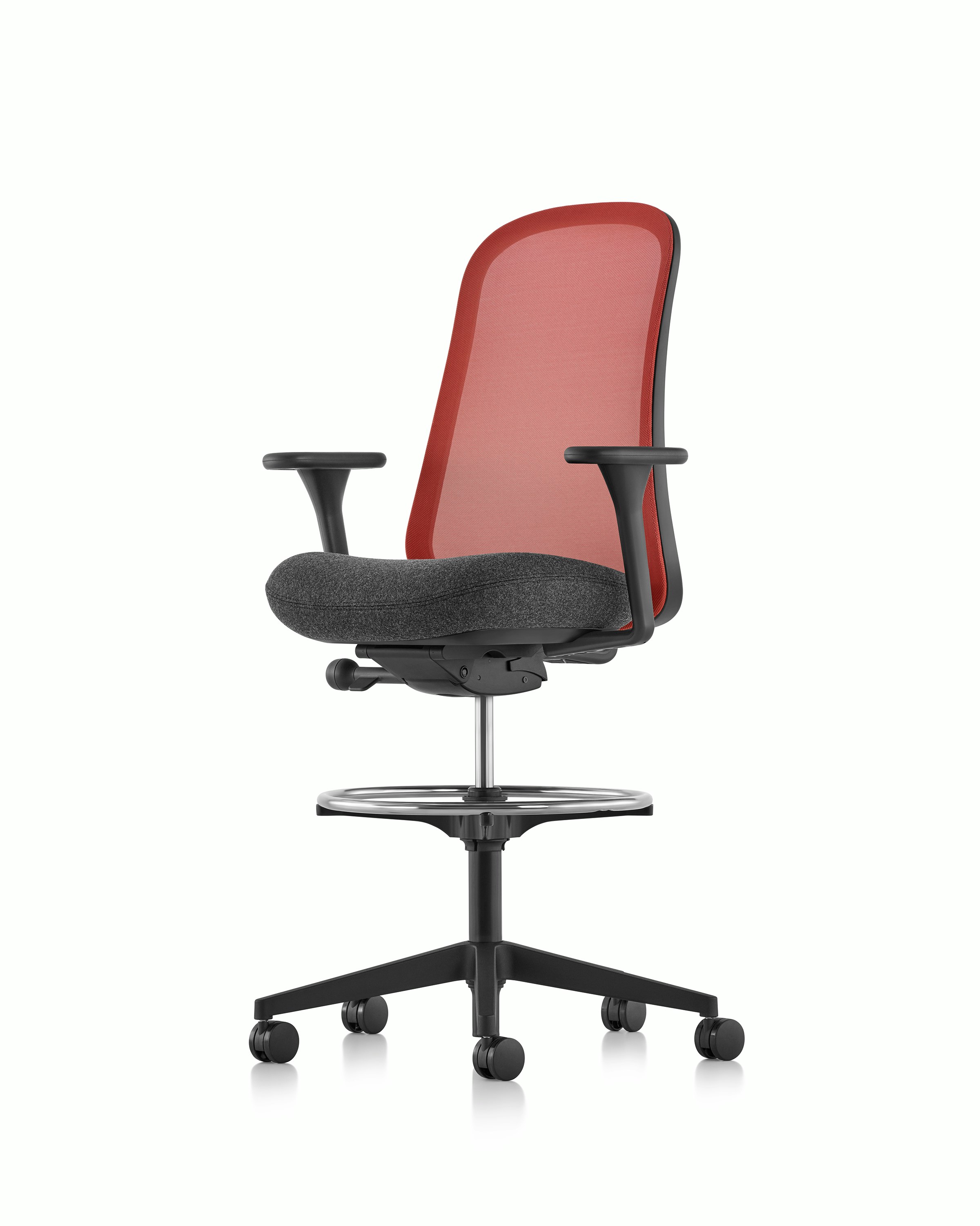 Red and black Lino Stool with a suspension back and upholstered seat, viewed from a 45 degree angle.