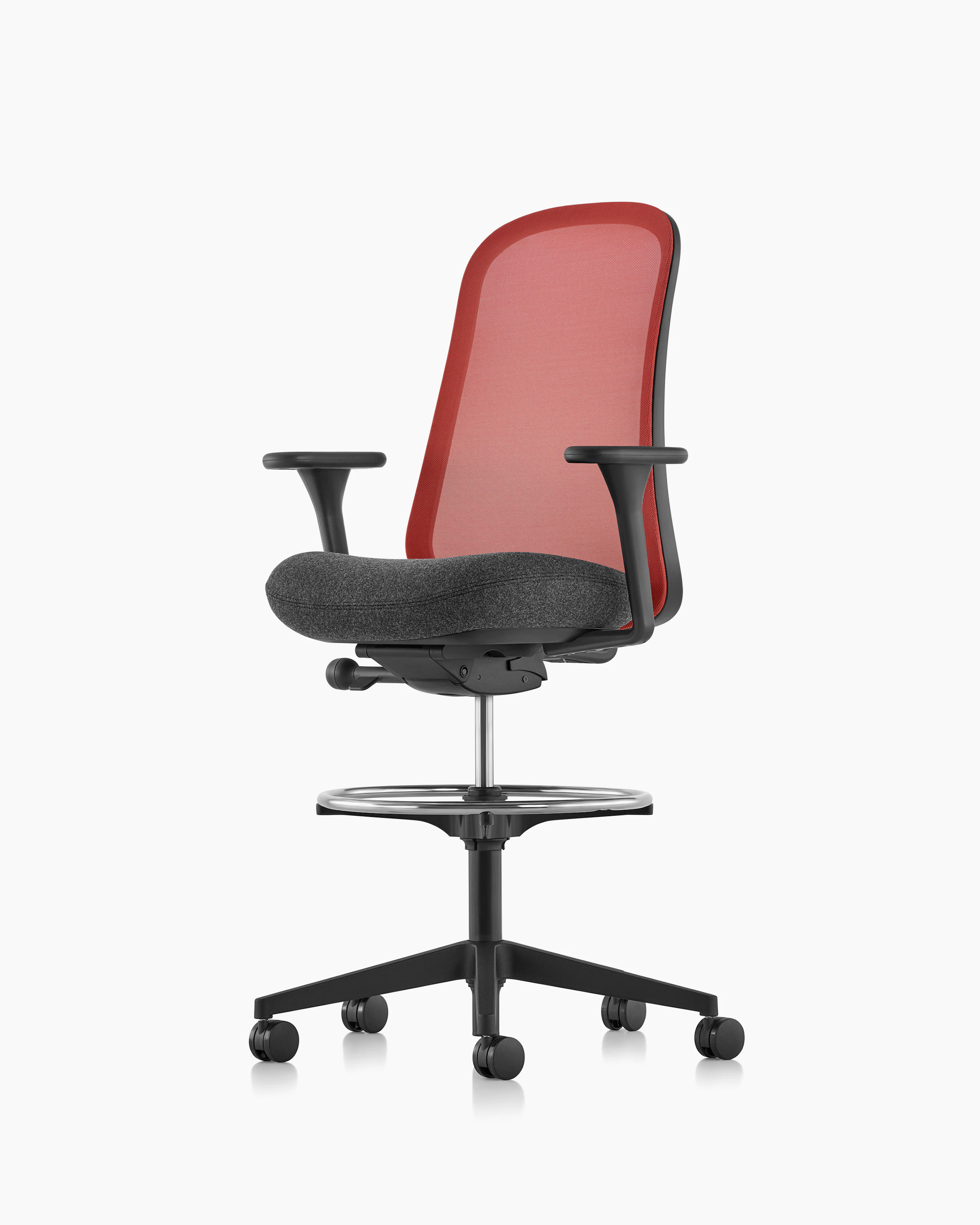 Red and black Lino Stool with a suspension back and upholstered seat, viewed from a 45 degree angle.