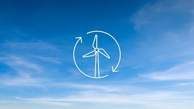 A white line drawing of a wind turbine representing reducing our carbon footprint, overlaying a background of blue sky.