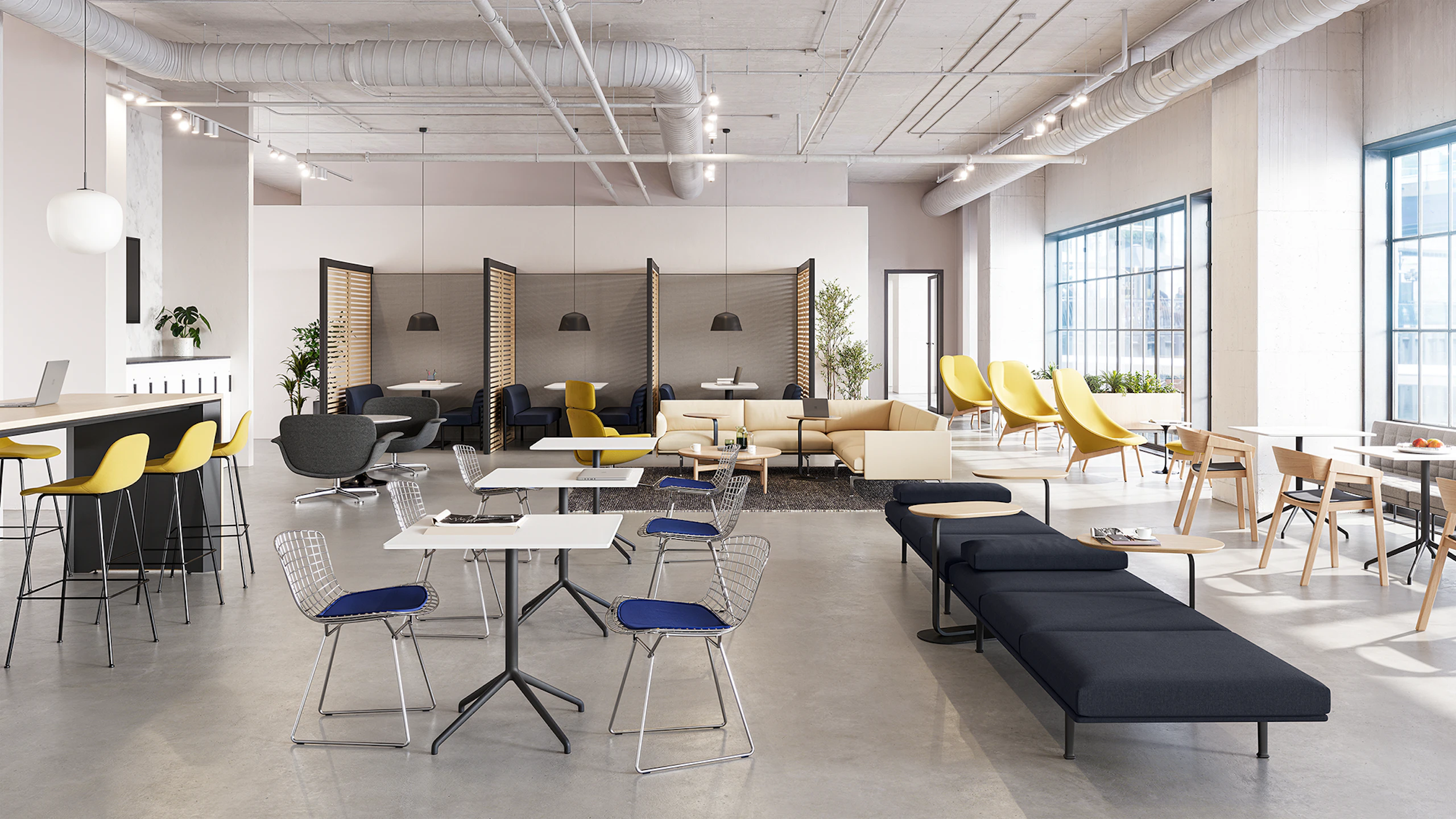 A café community setting furnished with Herman Miller Overlays, Headway Tables, and Muuto Still Café Tables