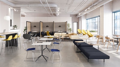 A café community setting furnished with Herman Miller Overlays, Headway Tables, and Muuto Still Café Tables