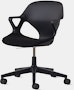 Front angle view of a black Zeph chair with fixed arms and a black seat pad.