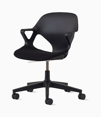 Front angle view of a black Zeph chair with fixed arms and a black seat pad.