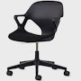 Front angle view of a black Zeph chair with fixed arms and a black seat pad.