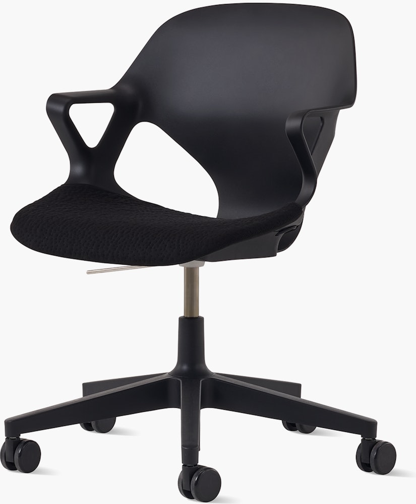 Front angle view of a black Zeph chair with fixed arms and a black seat pad.