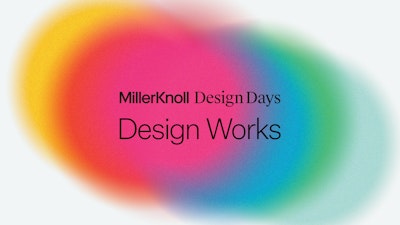 A pair of amorphous color forms, one orange and fuchsia and the other blue and green, overlap one another to create a gradient effect behind the words “MillerKnoll Design Days: Design Works.”