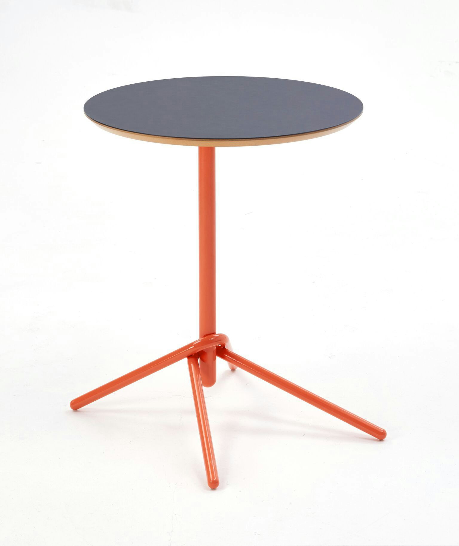 A naughtone circular Knot Side Table with a gray top and orange base, viewed at an angle.