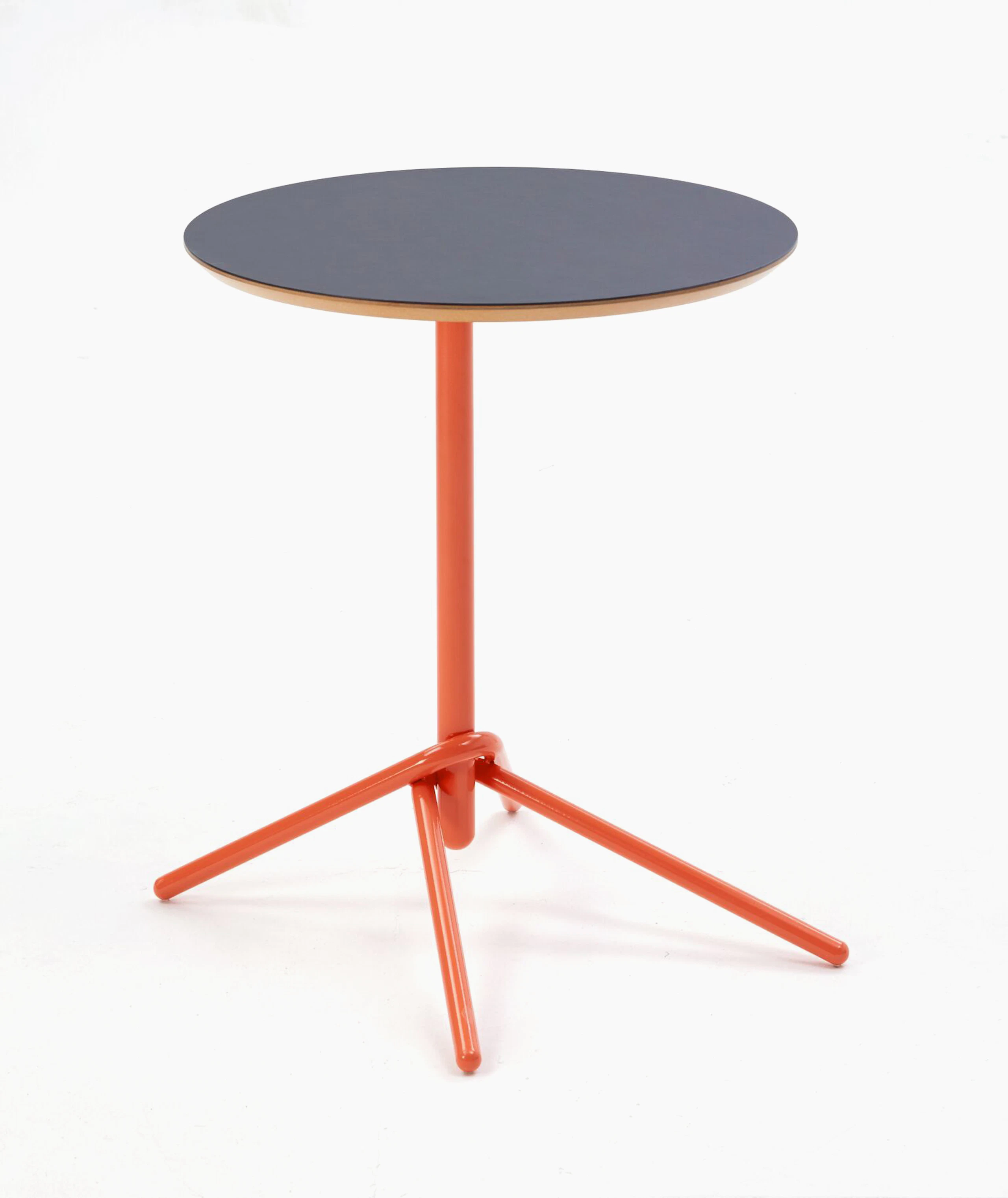 A naughtone circular Knot Side Table with a gray top and orange base, viewed at an angle.