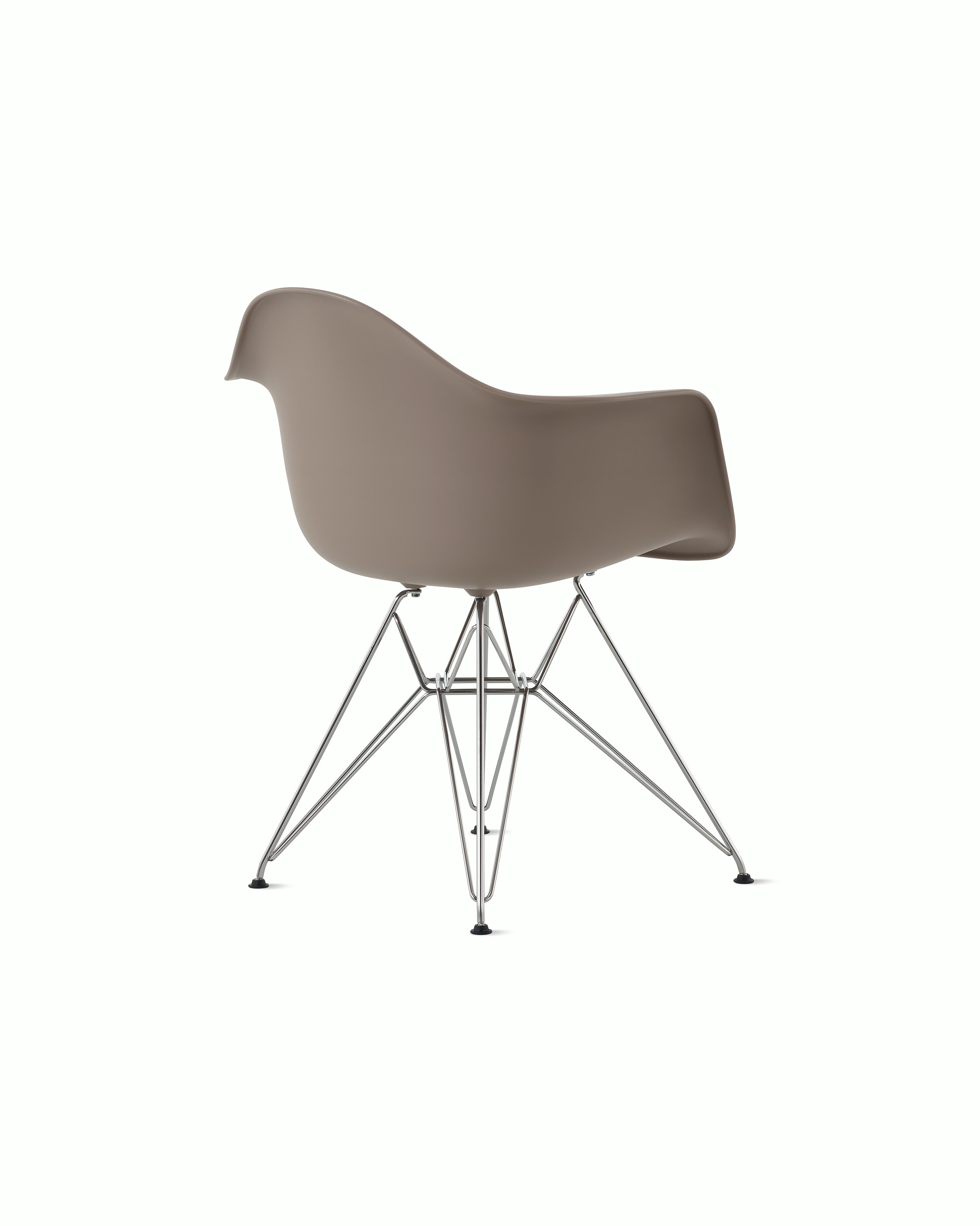 Back angle of cocoa plastic shell chair with wire base legs.