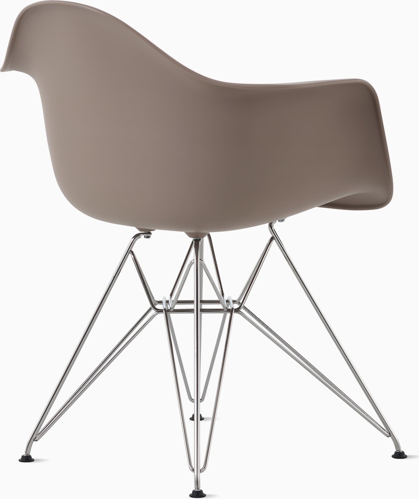 Back angle of cocoa plastic shell chair with wire base legs.