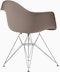 Back angle of cocoa plastic shell chair with wire base legs.