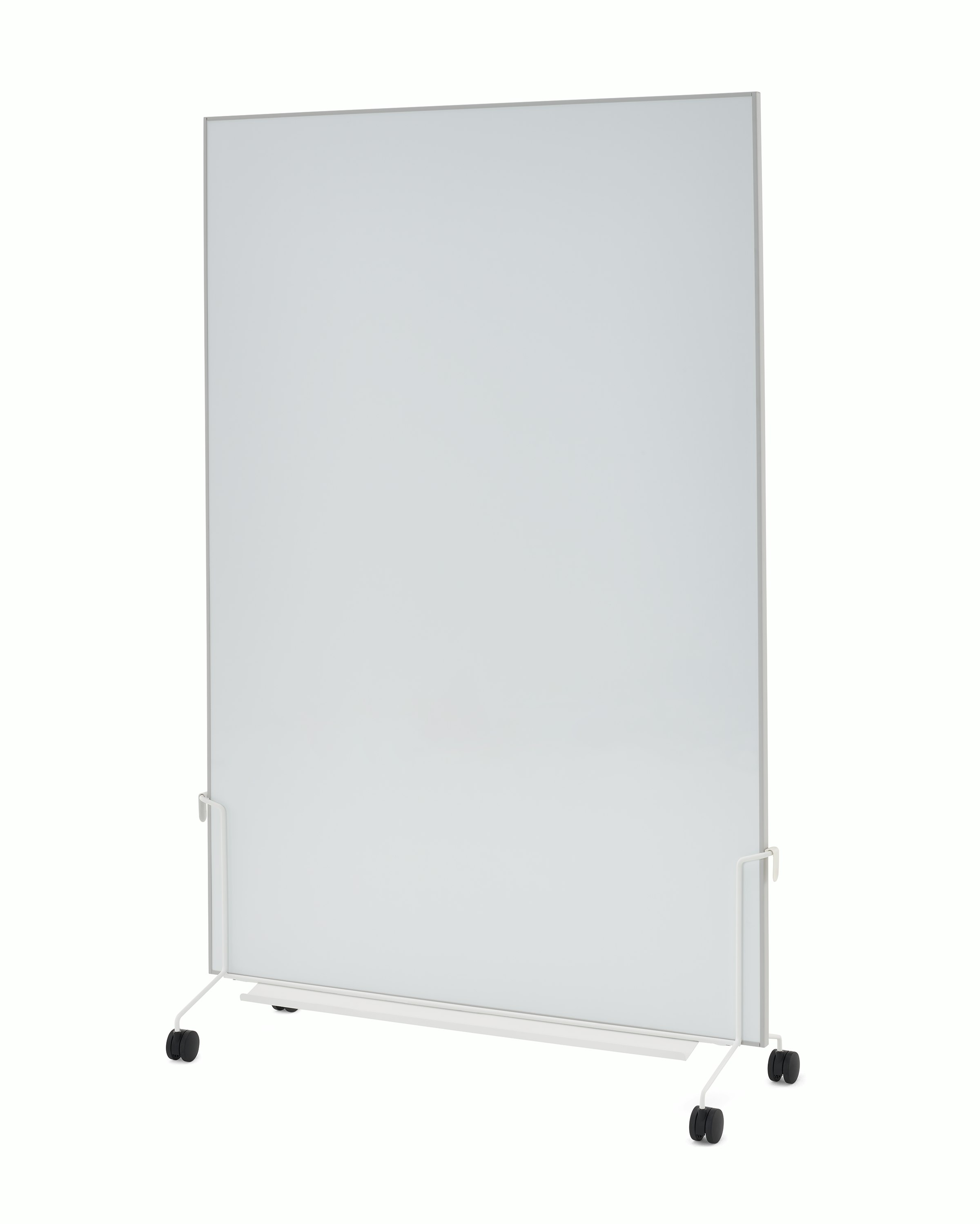 White OE1 Mobile Easel with black casters and marker board, viewed from an angle.