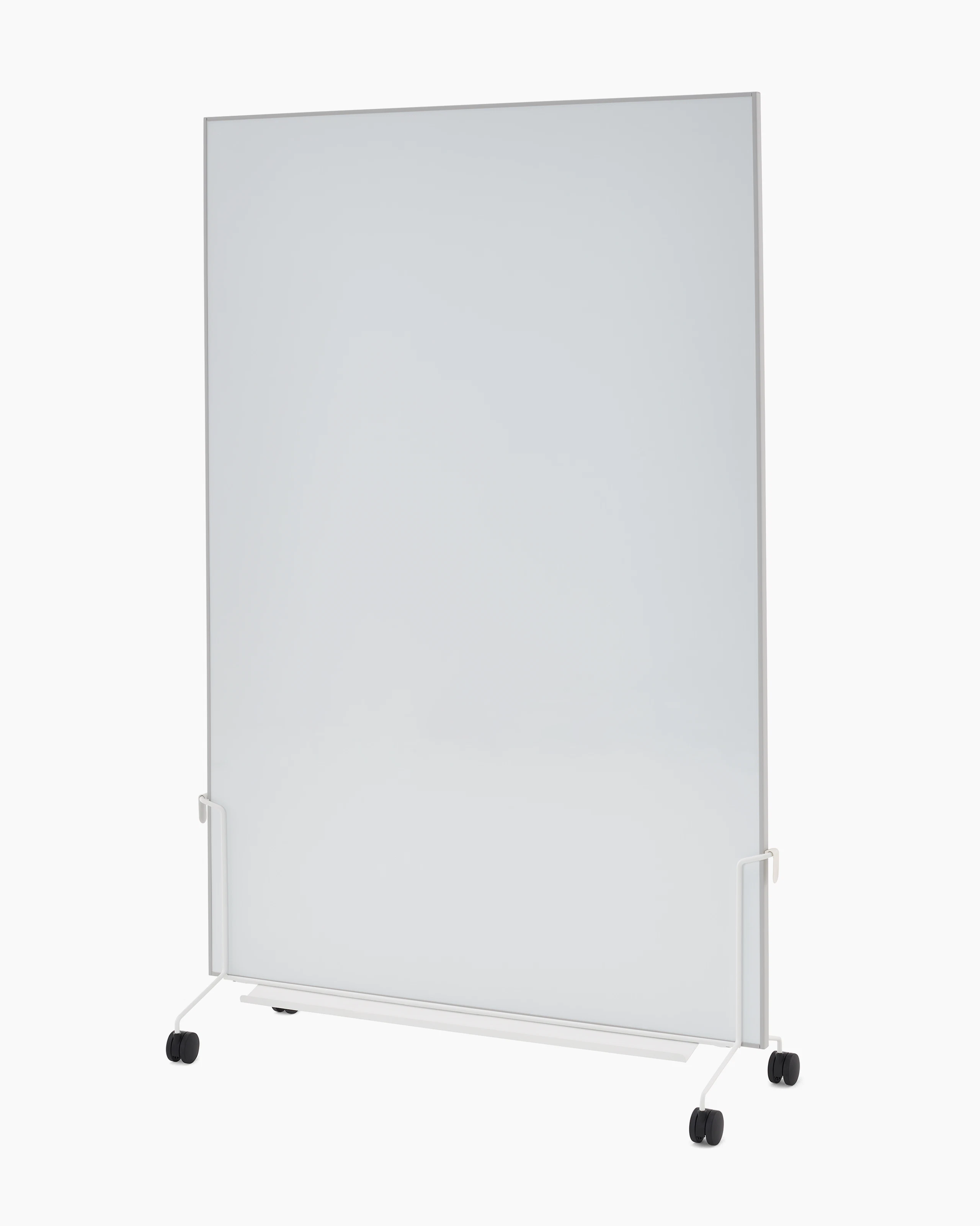 White OE1 Mobile Easel with black casters and marker board, viewed from an angle.