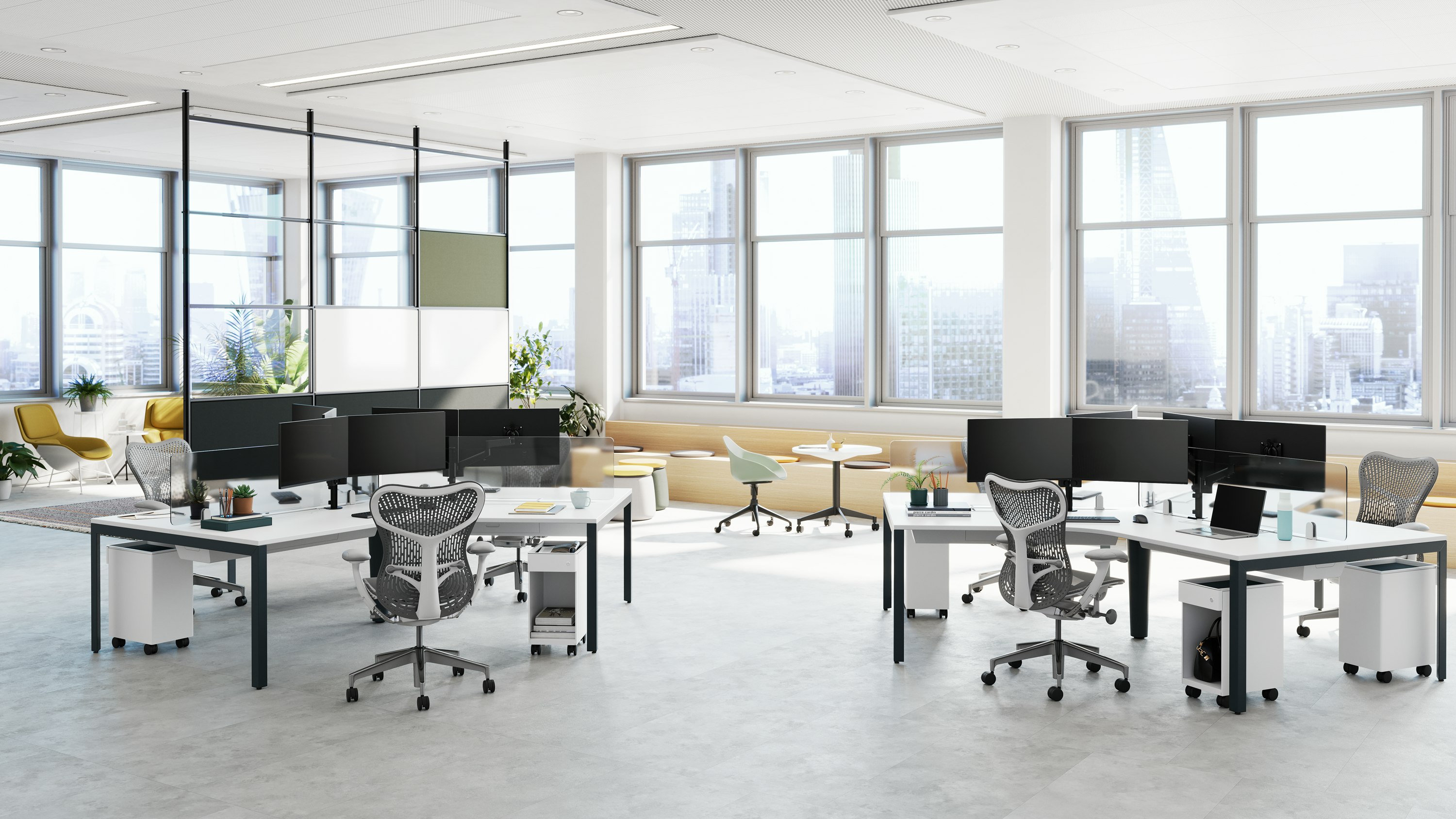 Byne System in 120 degrees table with Layout Legs, Ambit storage, and ergonomic Mirra 2 Chairs.