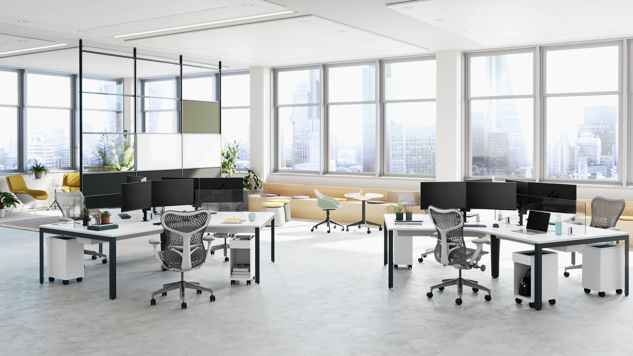 Byne System in 120 degrees table with Layout Legs, Ambit storage, and ergonomic Mirra 2 Chairs.
