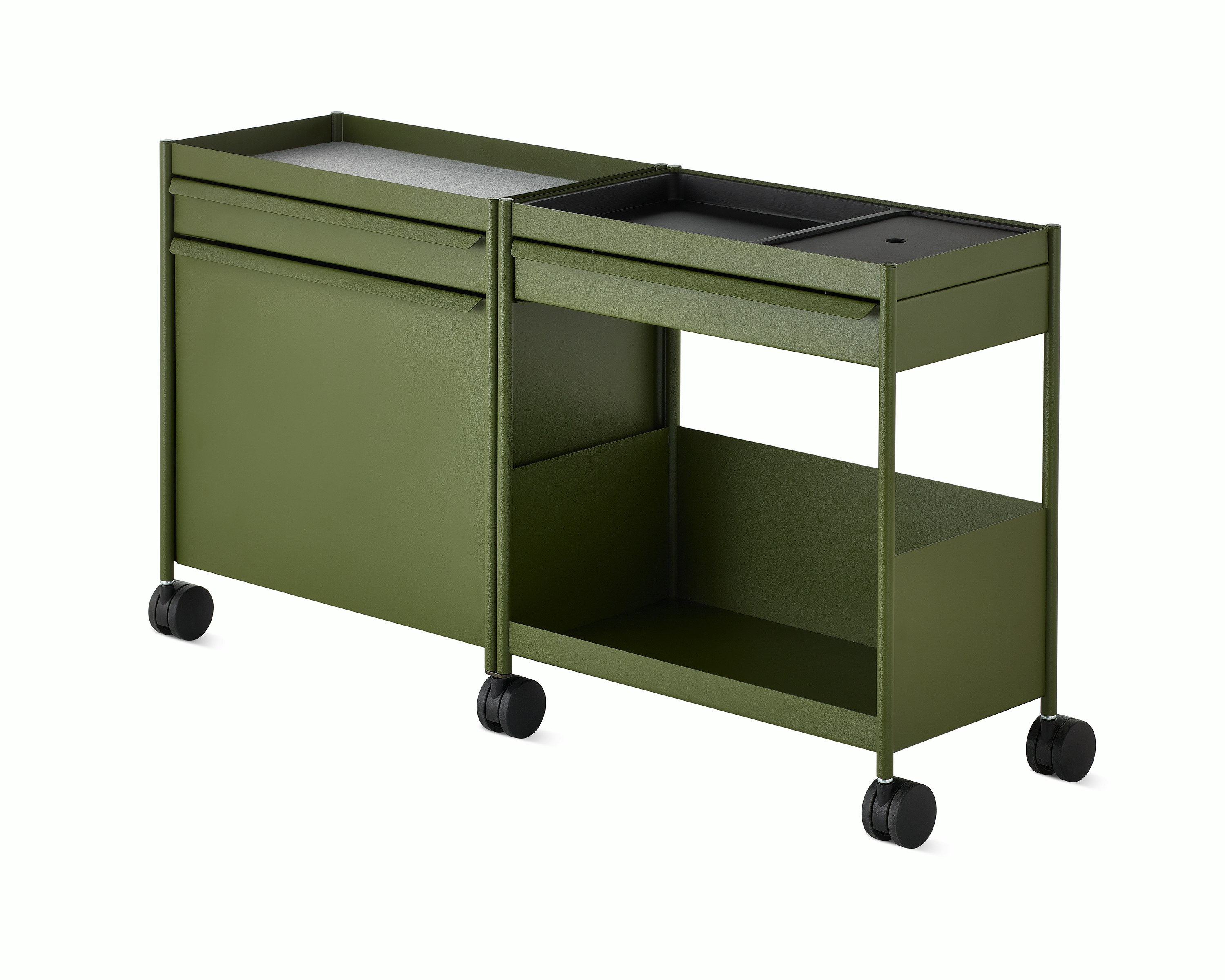 Green OE1 Storage Trolley with drawers, tip-out bin and shelf, viewed from an angle.