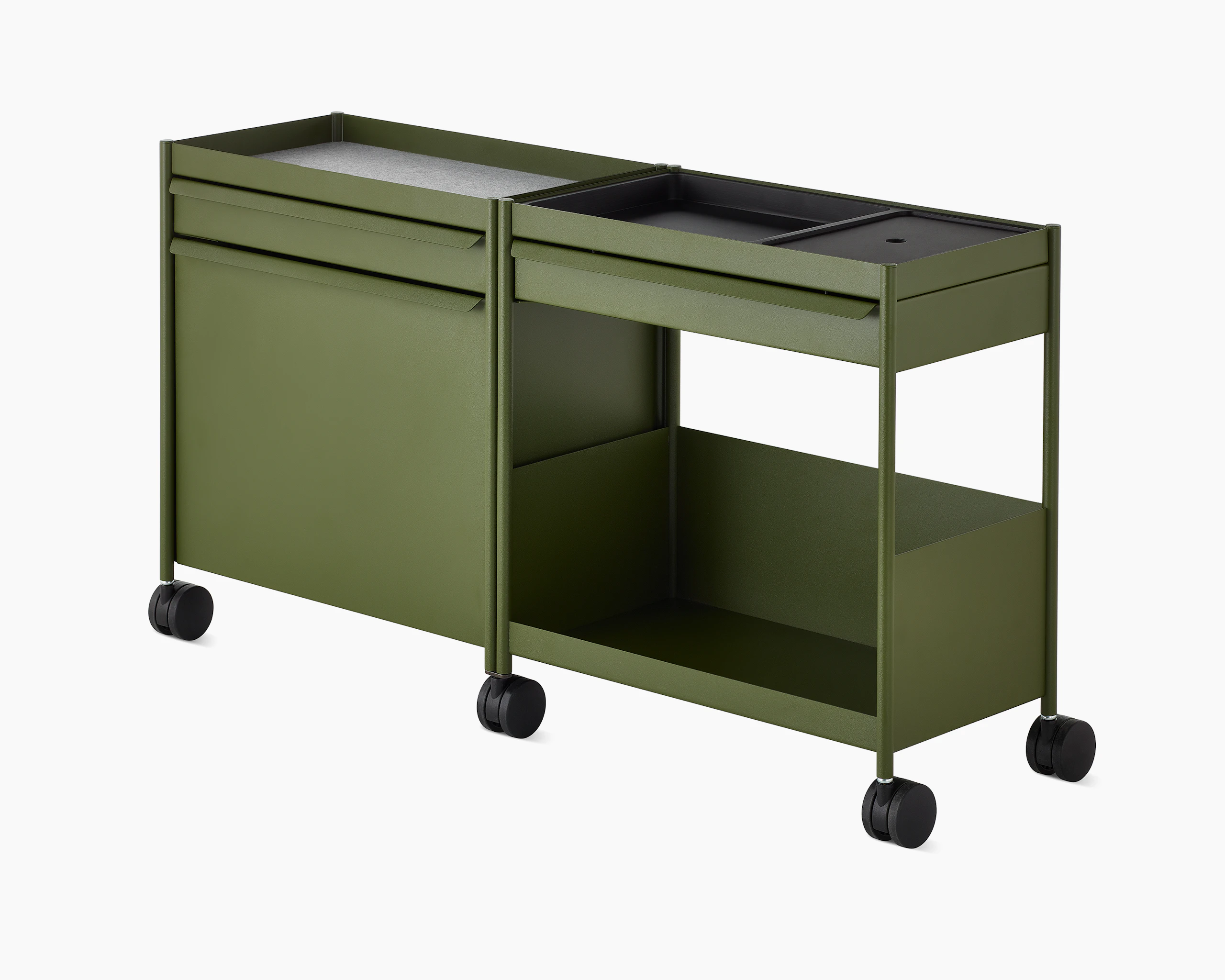 Green OE1 Storage Trolley with drawers, tip-out bin and shelf, viewed from an angle.