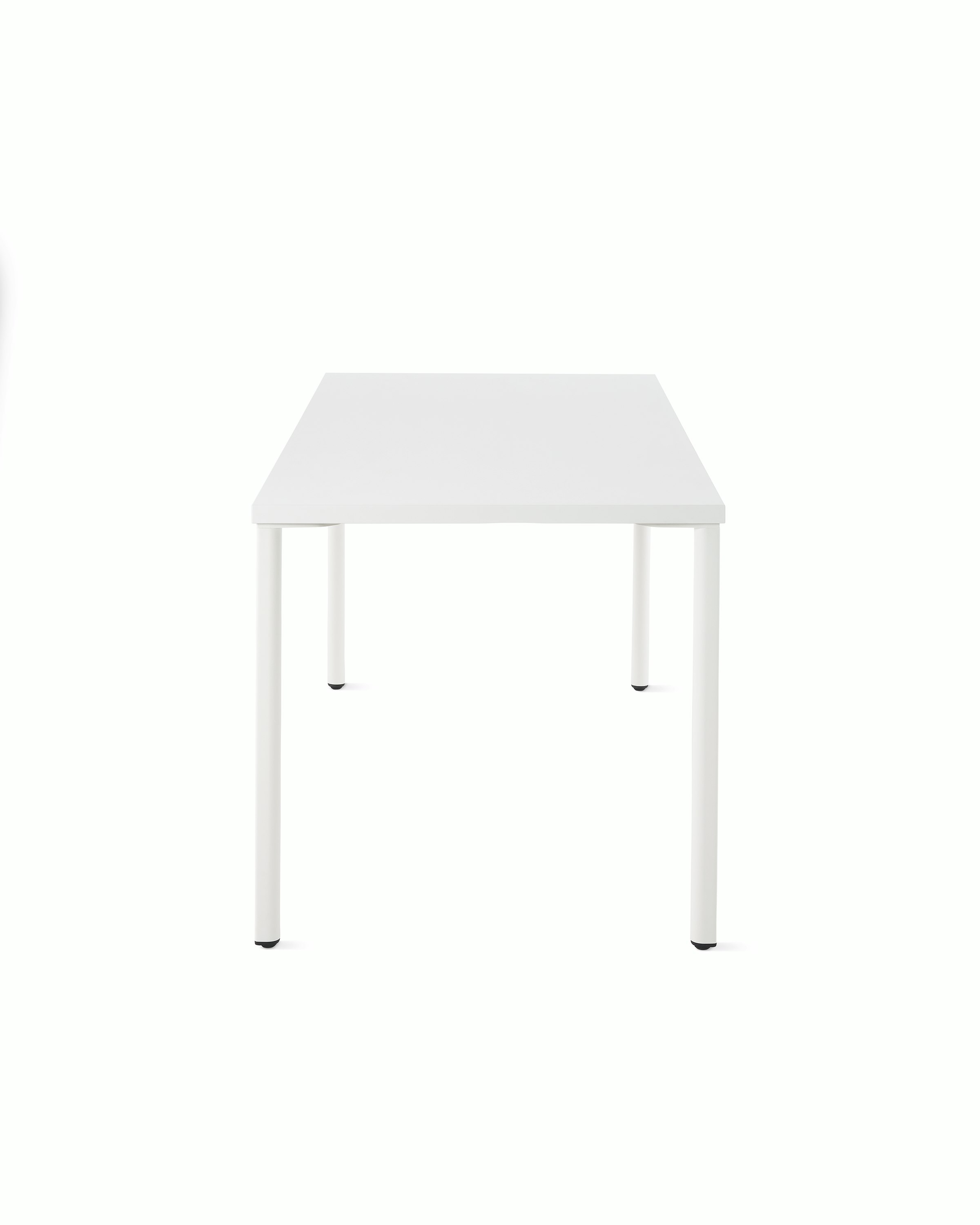 OE1 Rectangular Table with white surface and white legs viewed from the side. 