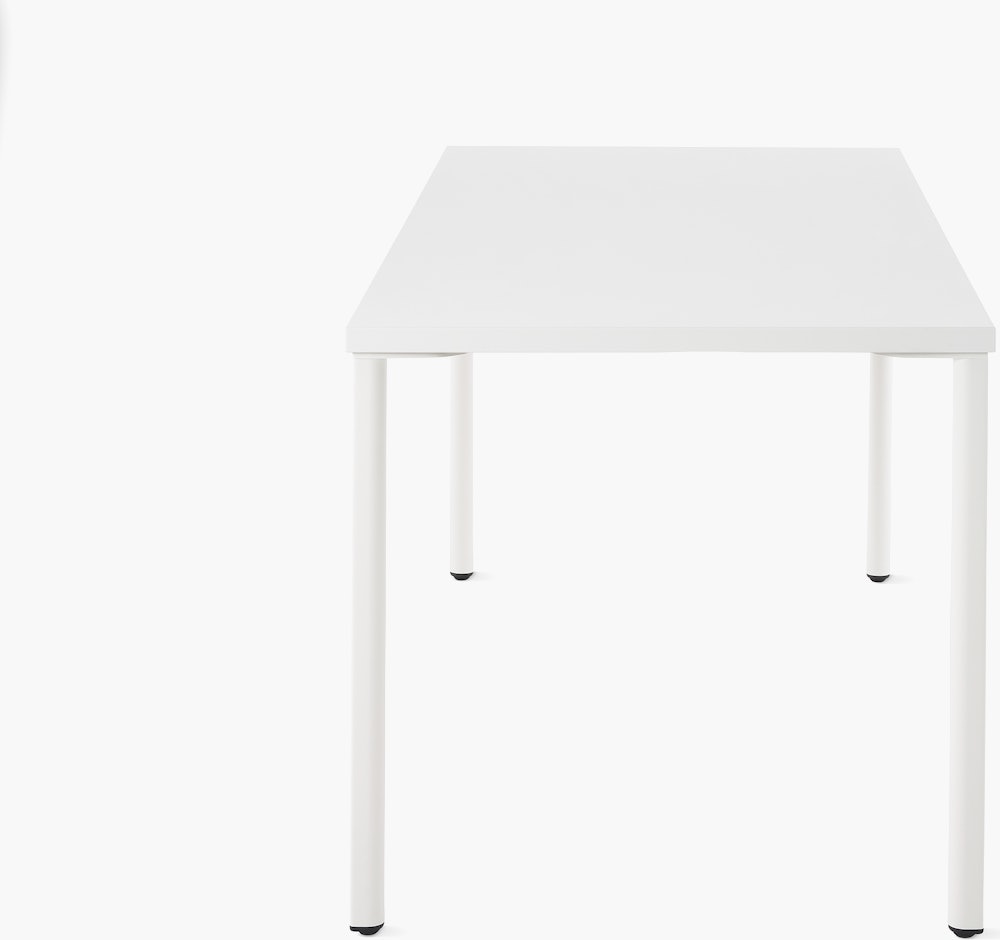 OE1 Rectangular Table with white surface and white legs viewed from the side. 