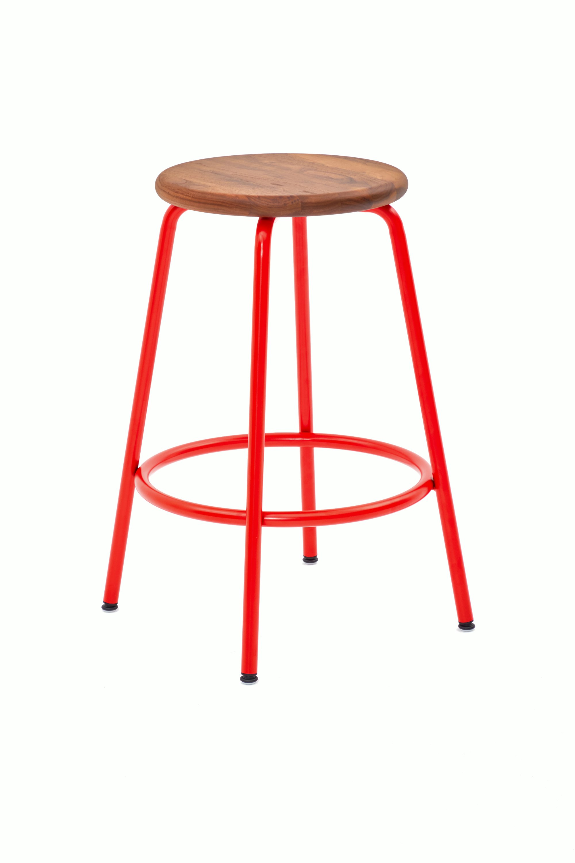 A Penny Stool with a red base and walnut seat.