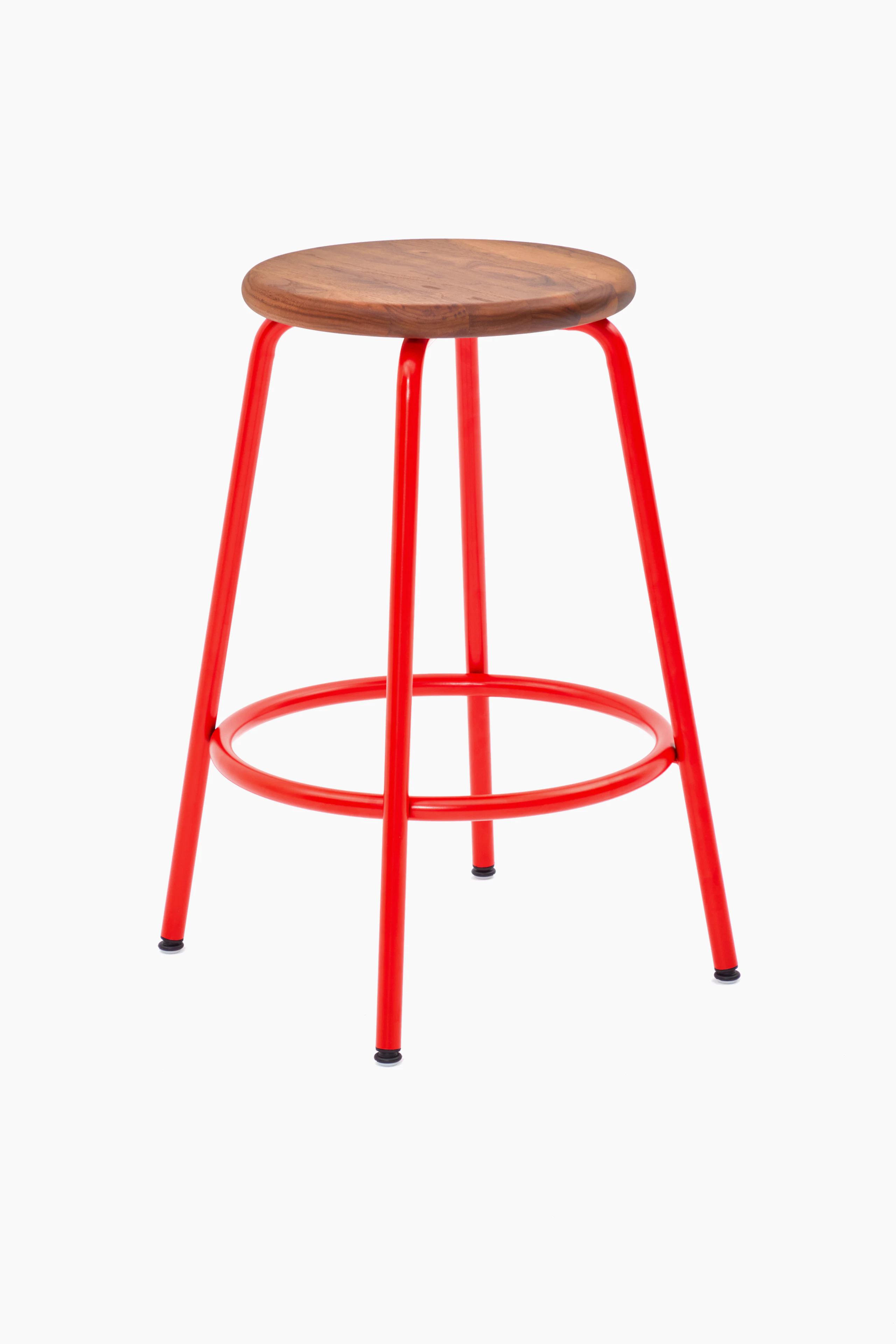 A Penny Stool with a red base and walnut seat.