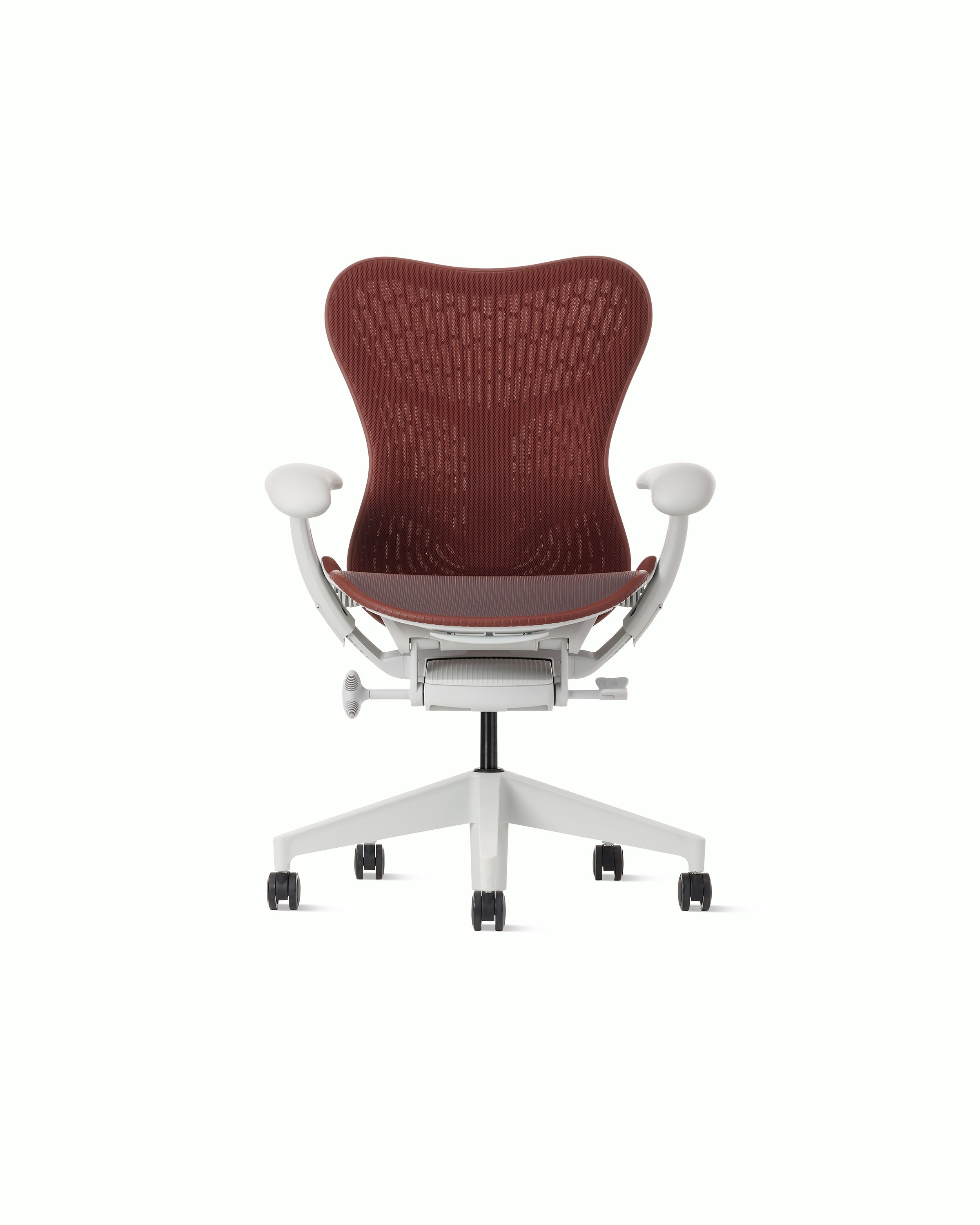 Front view of a Mirra 2 chair with a Butterfly back in cordovan and alpine frame.