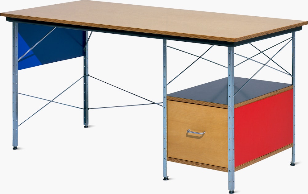 An Eames Desk with a metal frame, wood top, and drawer.