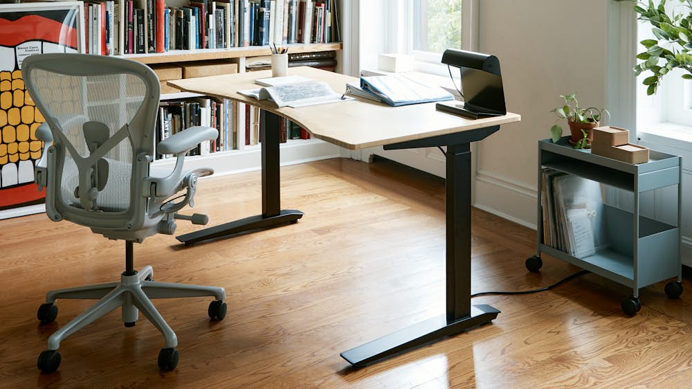 Aeron Chair, Jarvis Bamboo Standing Desk and OE1 Trolley