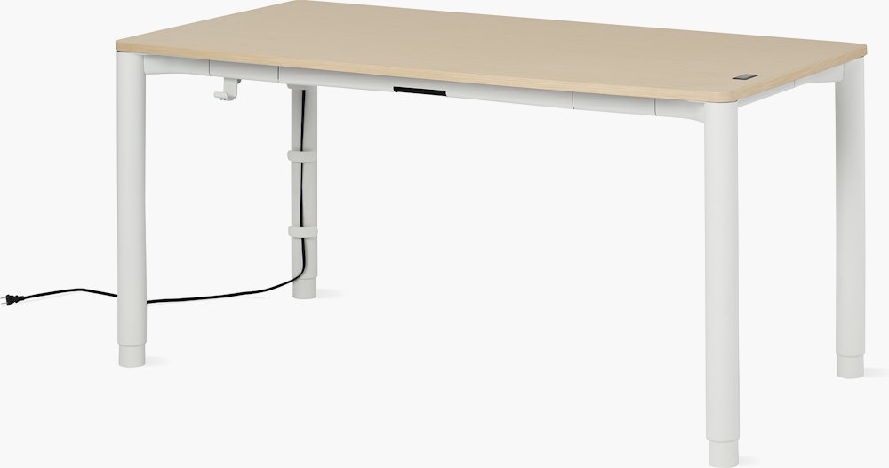 Four leg height-adjustable table shown with a light woodgrain surface and white legs.