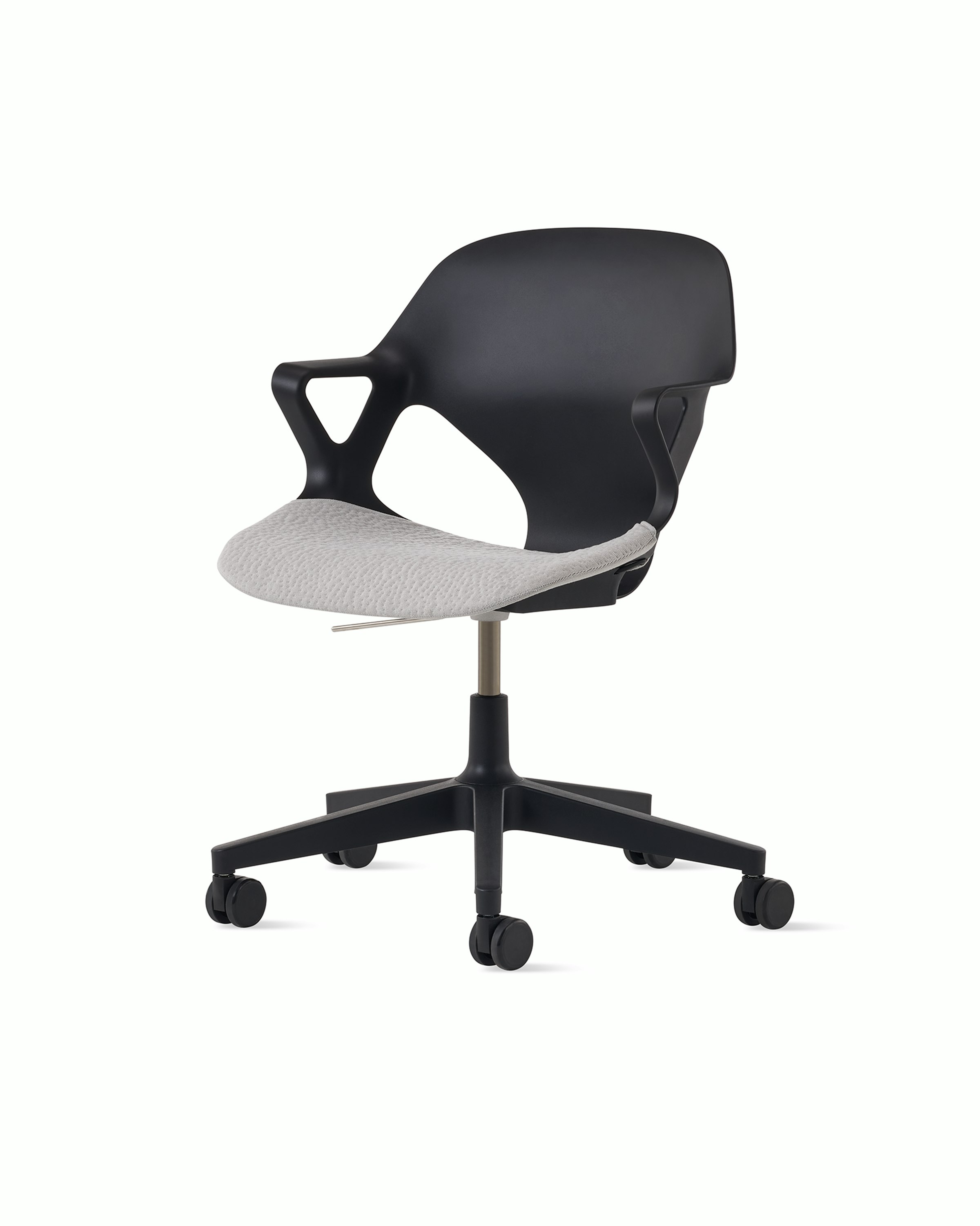 Front angle view of a black Zeph chair with fixed arms and a light grey seat pad.
