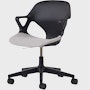 Front angle view of a black Zeph chair with fixed arms and a light grey seat pad.