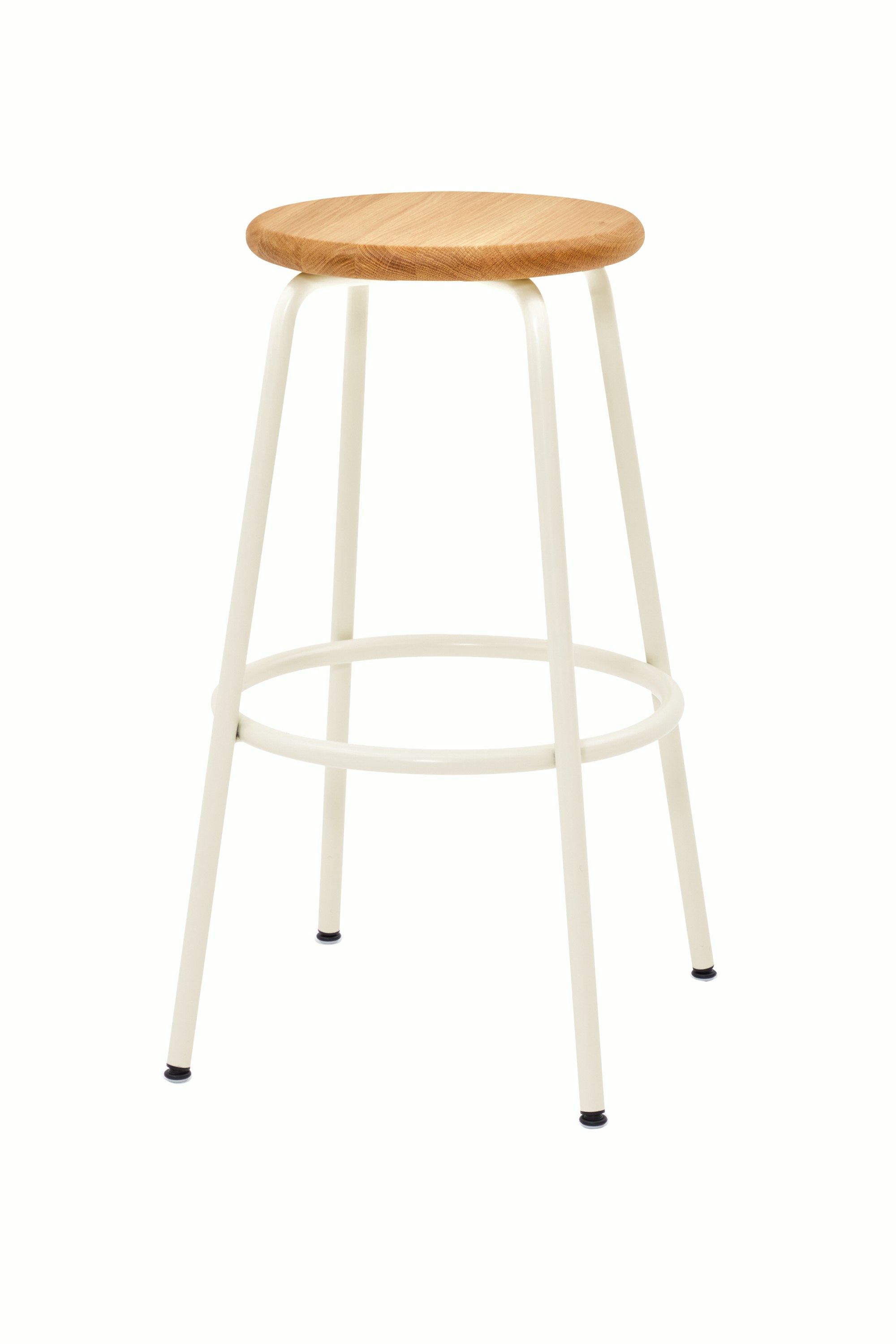 A Penny Stool with a cream base and oak seat.