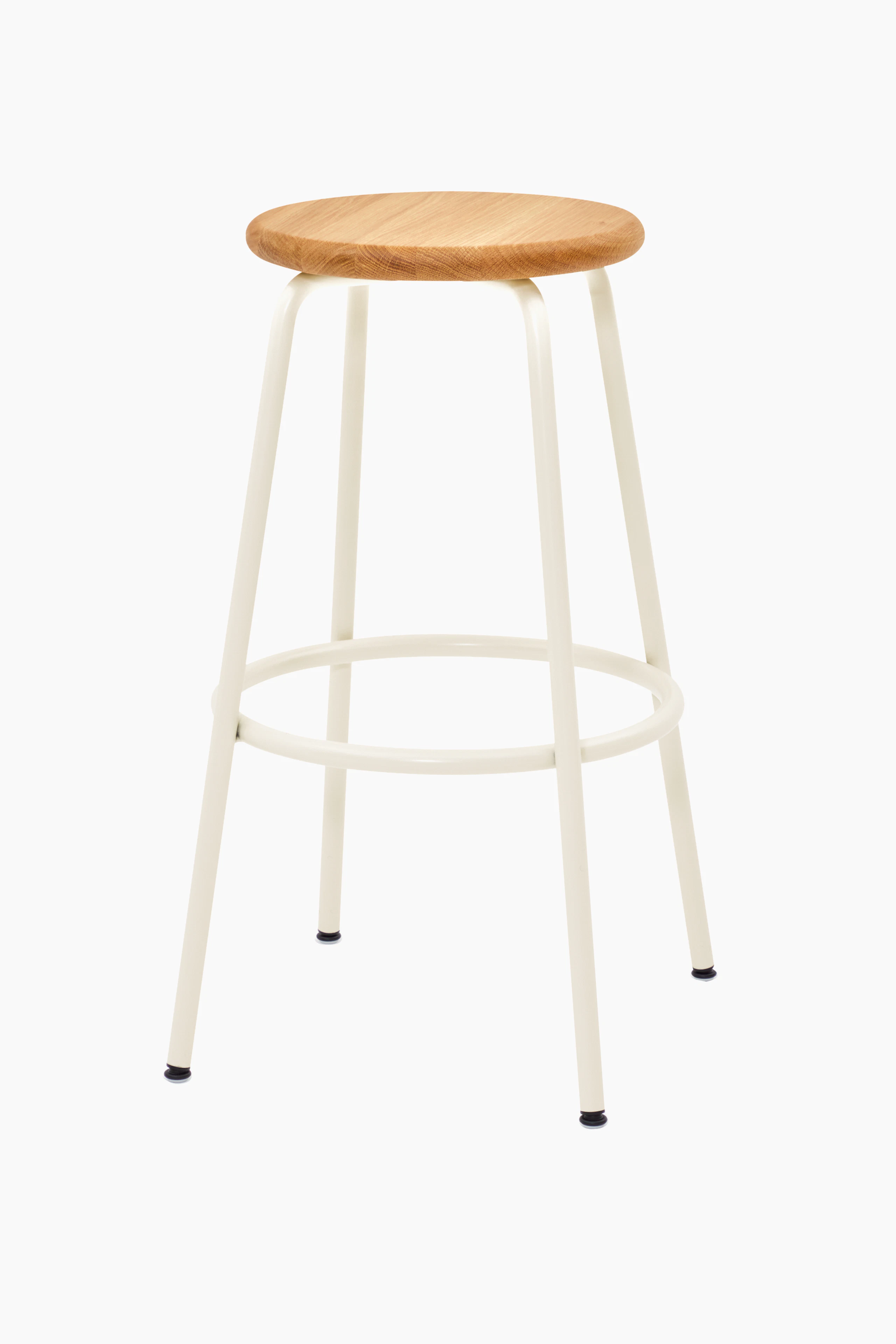 A Penny Stool with a cream base and oak seat.
