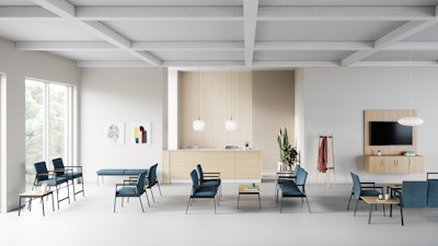 A waiting area setting with Easton Easy Access chairs, Side Chairs, Multiple Seating and Plus Chairs all in blue in various configurations.