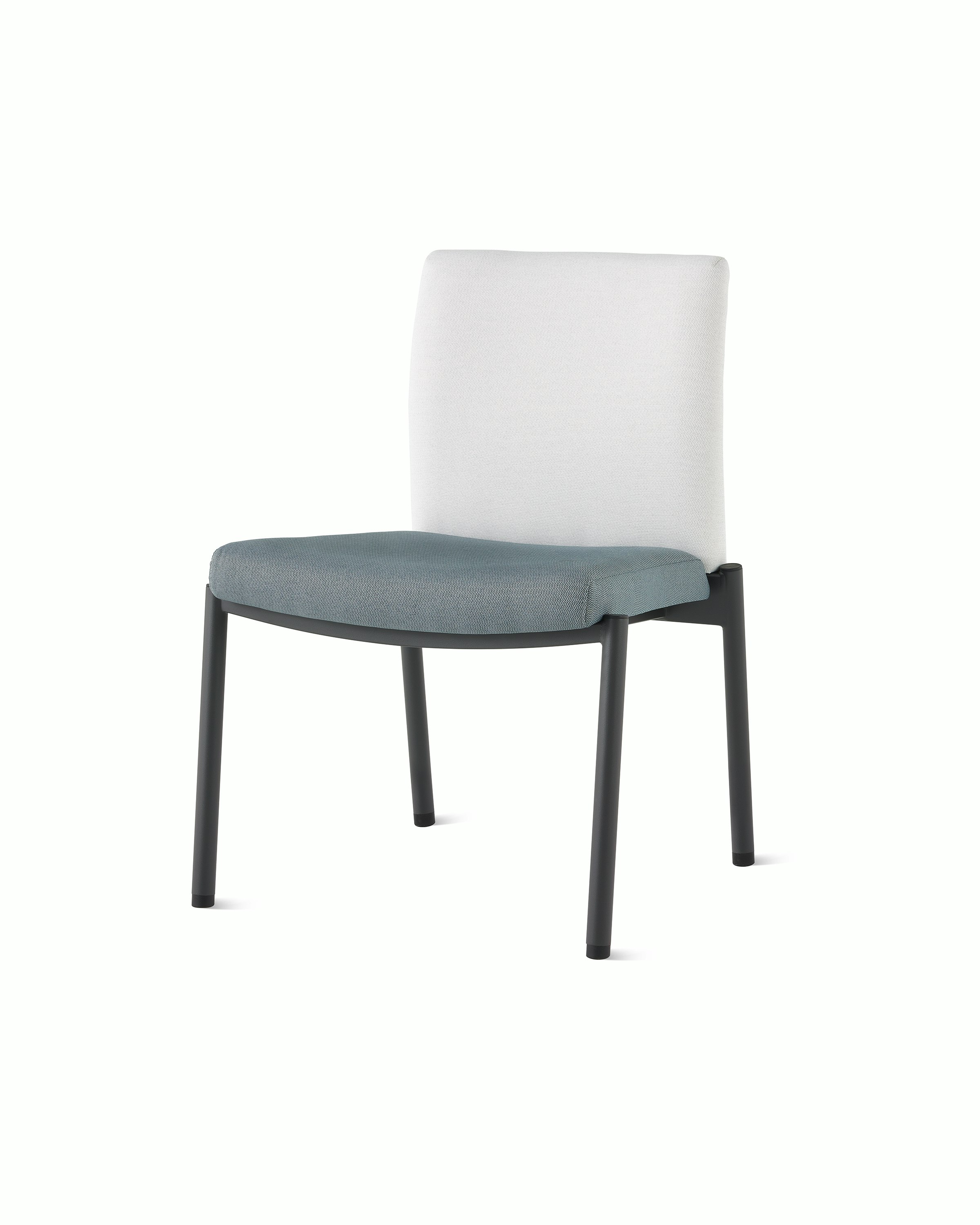 Three-quarter front view of a Valor Stacking Chair without arms in a white back upholstery and a blue seat upholstery and black frame on white sweep.