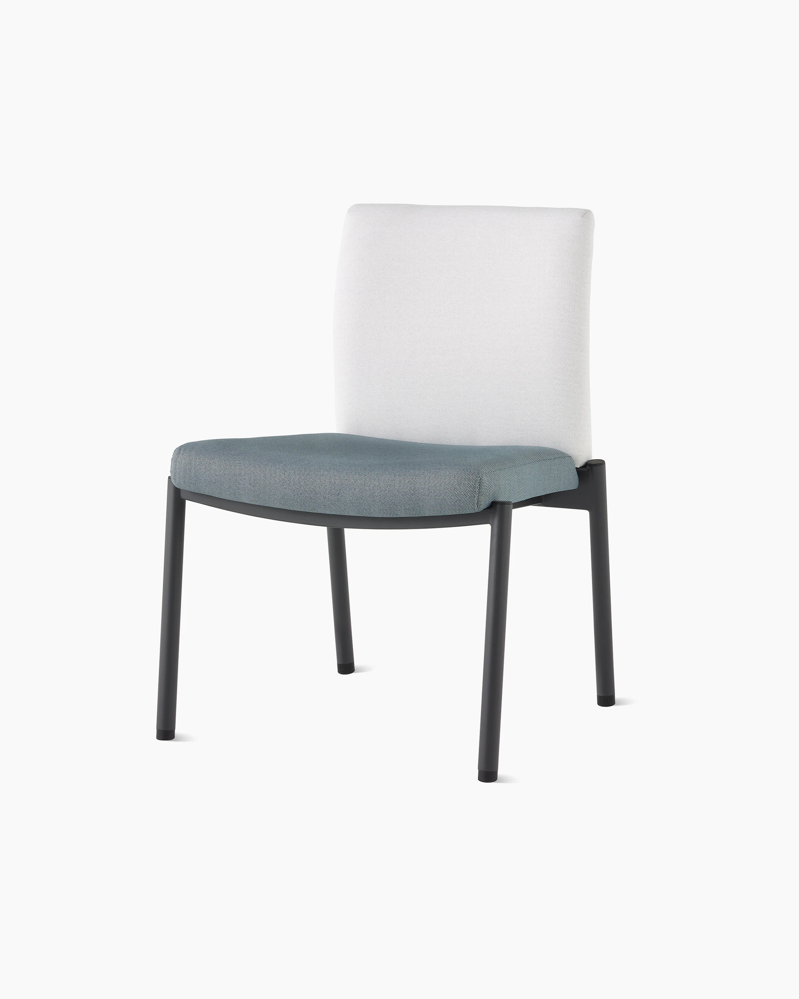 Three-quarter front view of a Valor Stacking Chair without arms in a white back upholstery and a blue seat upholstery and black frame on white sweep.