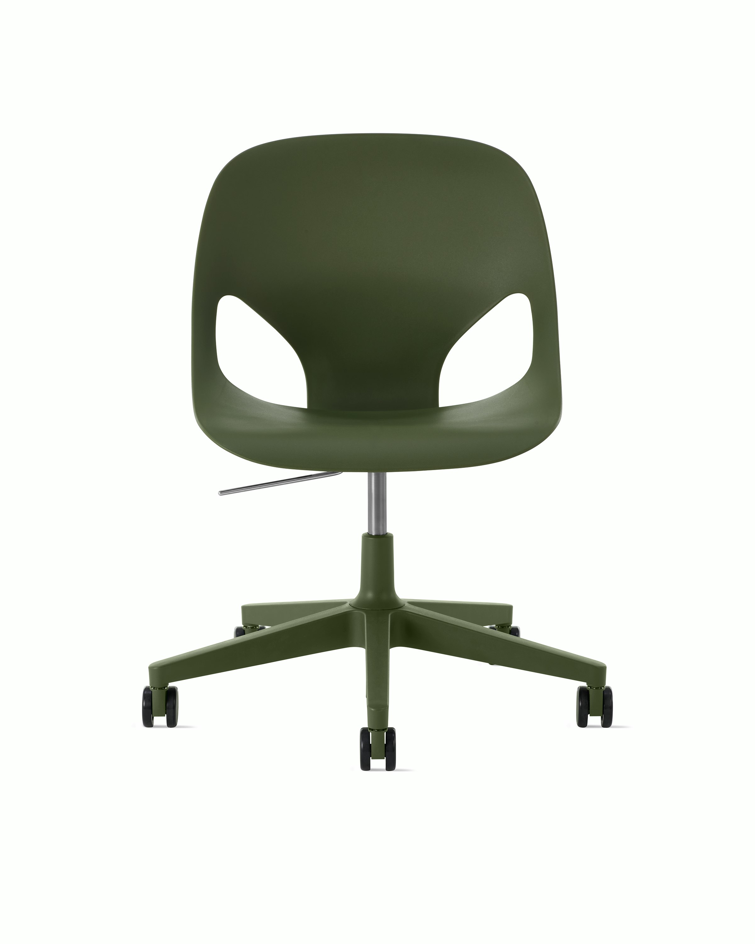 Front view of an olive armless Zeph chair.