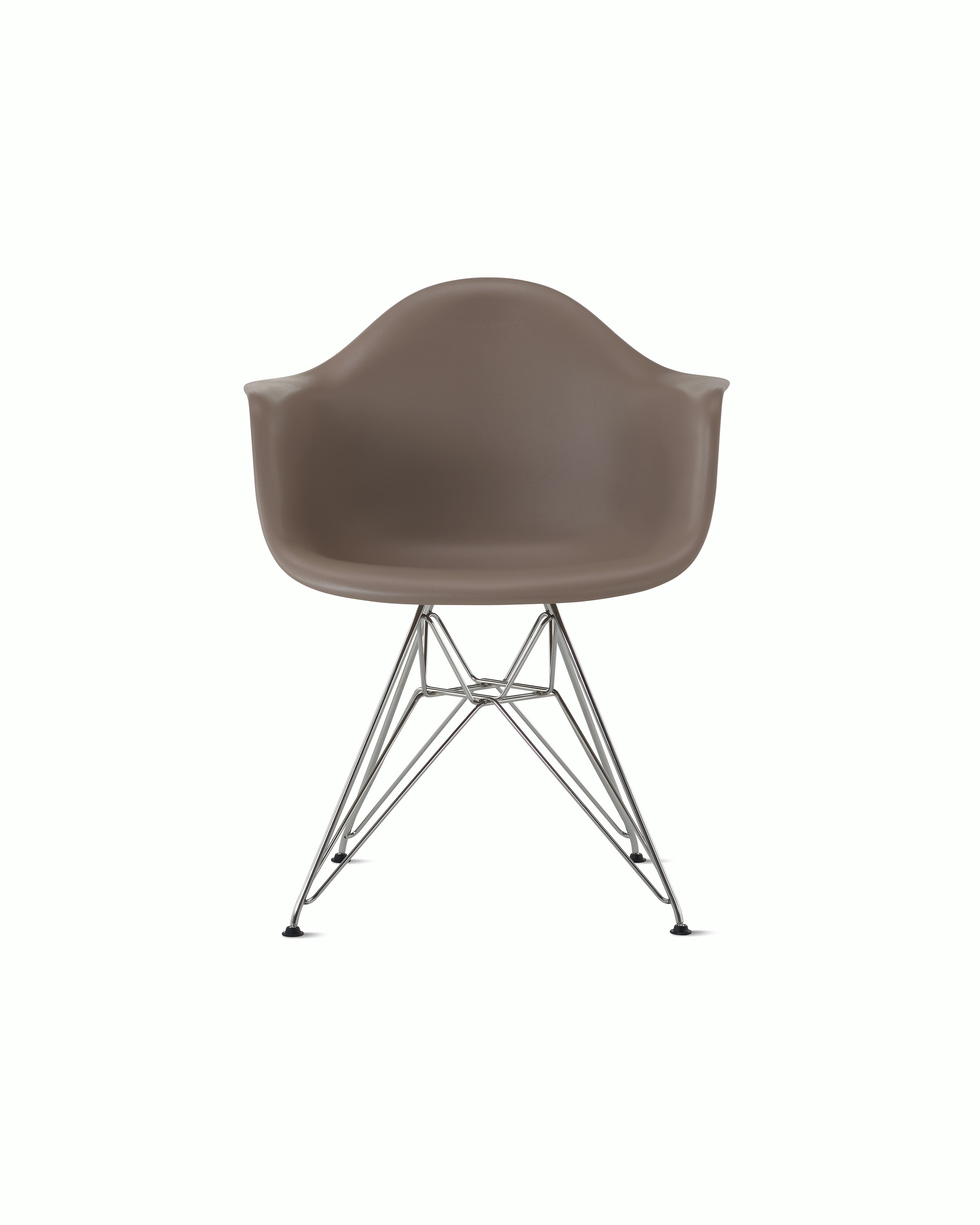 Front of cocoa plastic shell chair with wire base legs.