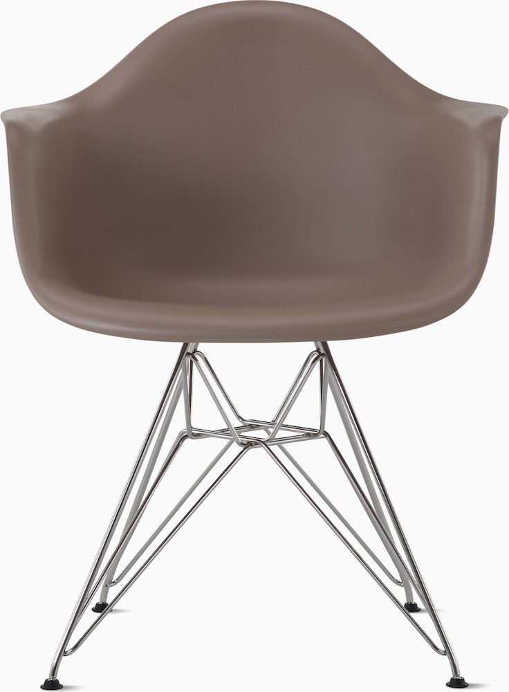 Front of cocoa plastic shell chair with wire base legs.